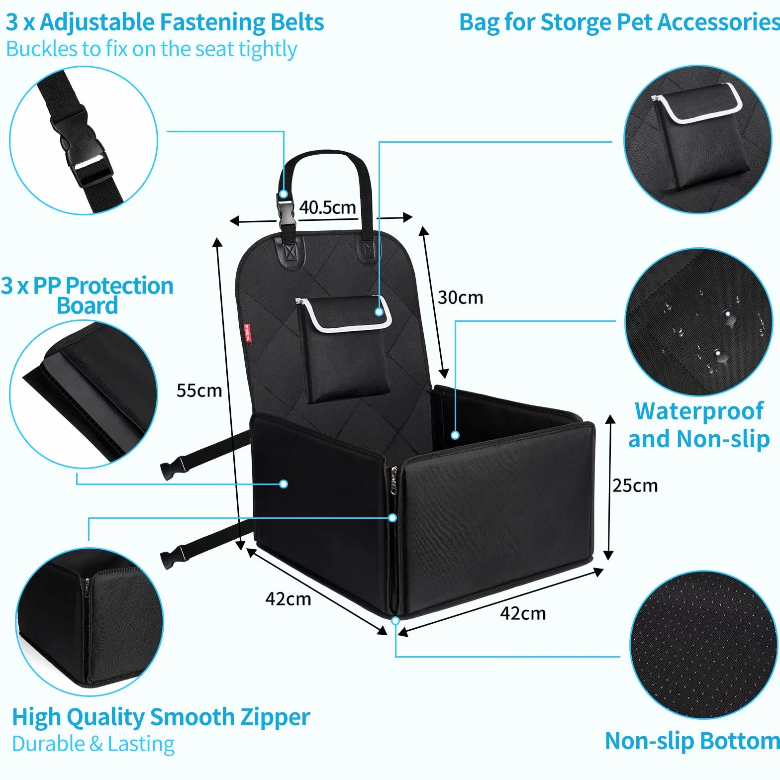 Siège auto stable pour chiens avant et arrière, avec ceinture de sécurité, imperméable, noir