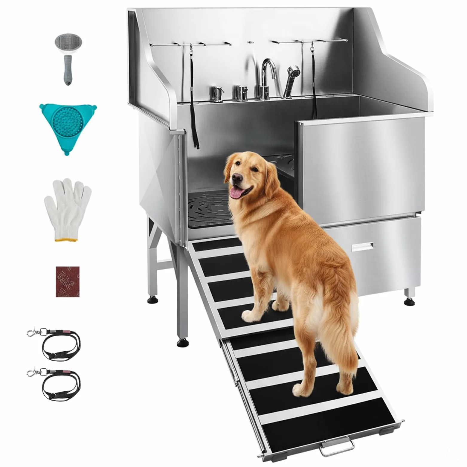 VEVOR Baignoire de Chien Acier Inoxydable, Baignoire de Toilettage pour Animaux de Compagnie 127,5 cm Station de Lavage Chat, avec Rampe, Panneau Filtre à Eau, Robinet, Pommeau de Douche, Porte Gauche
