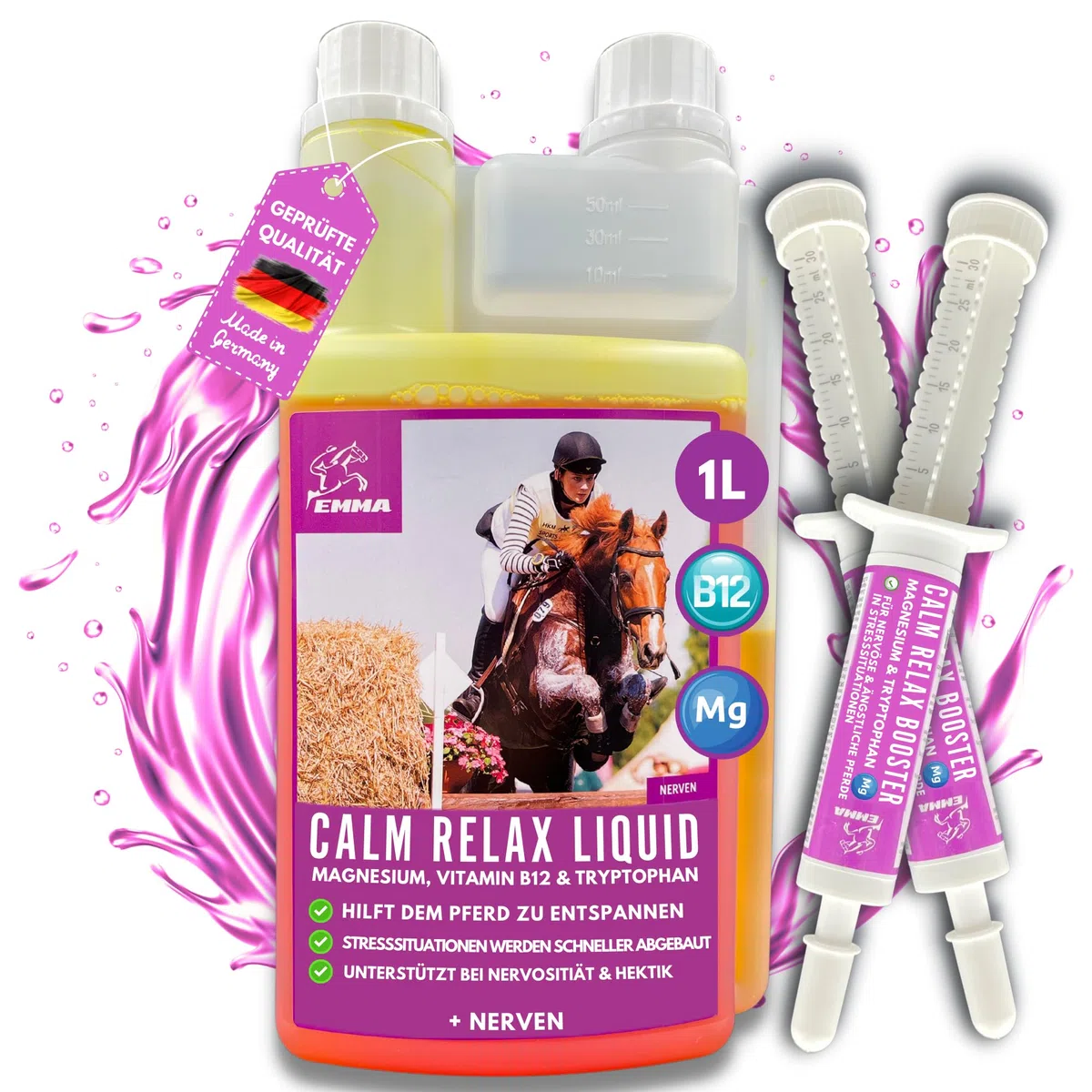 Magnésium cheval 1L + 2*30ml CALM Relax Liquid + Booster avec magnésium, L tryptophane & vitamine B12 contre anxiété & stress vitamine B 12 anti stress Apaisement cheval en transport chevaux nerveux