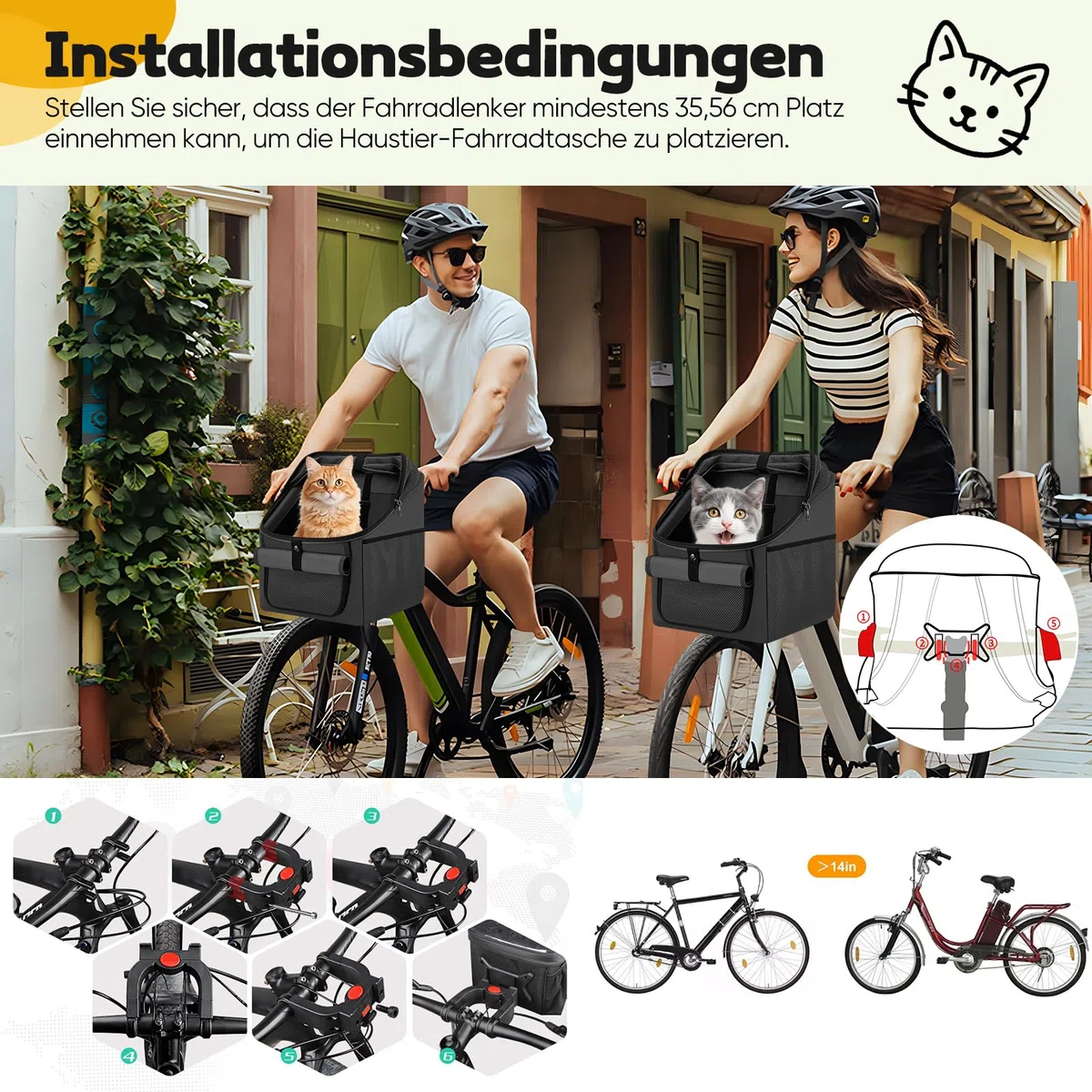 Panier de vélo 4 en 1 pour chien, panier avant de vélo pour chiens et chats, sac à dos amovible avec 4 fenêtres en maille et ceinture de sécurité, sac respirant pour animaux de compagnie pour vélo