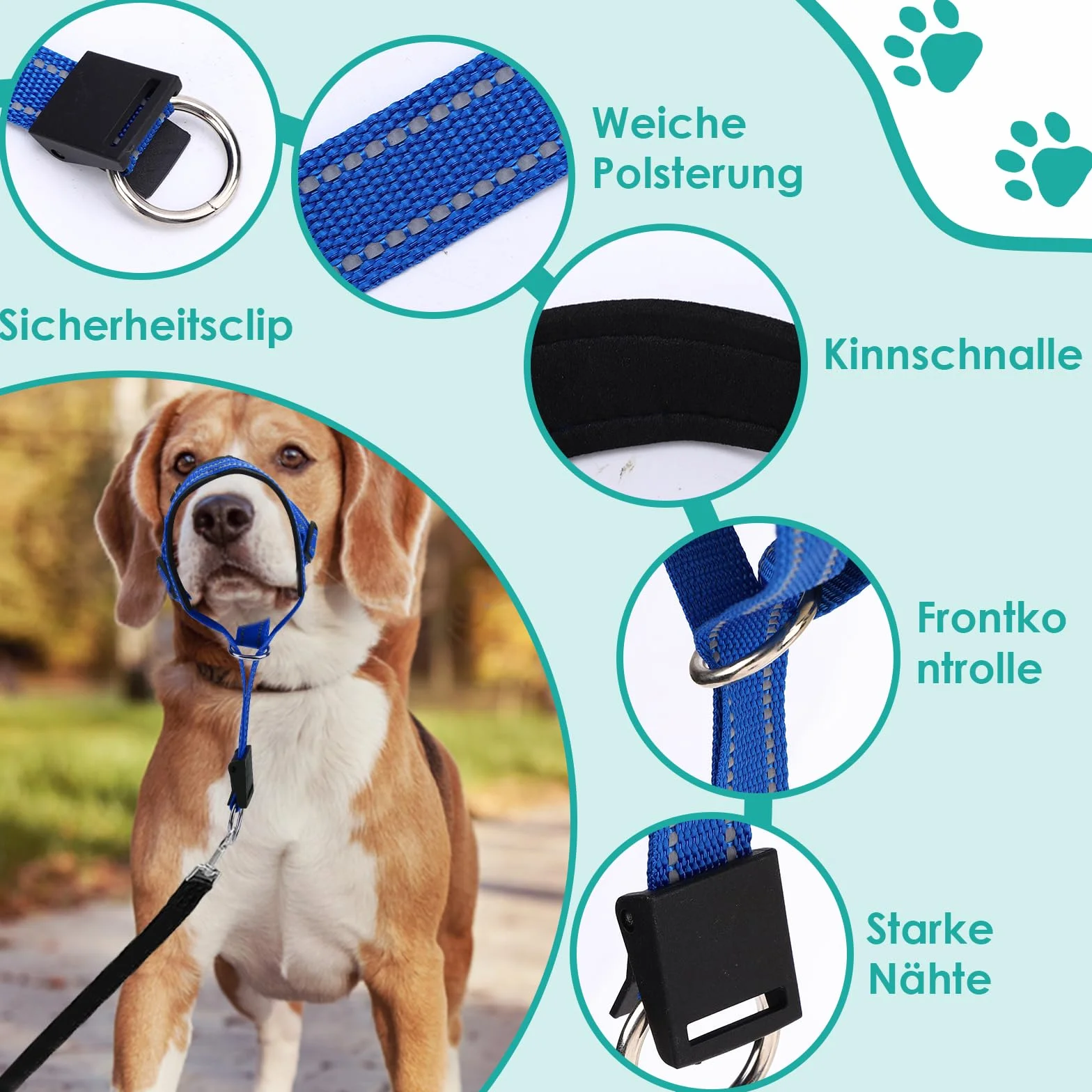 Halti pour chien grand, Harnais pour chien avec tissu rembourré, Harnais de tête Halti réglable anti-traction, Collier anti-traction doux pour chien grand (Bleu, L (Museau : 11,6-14,8 pouces))