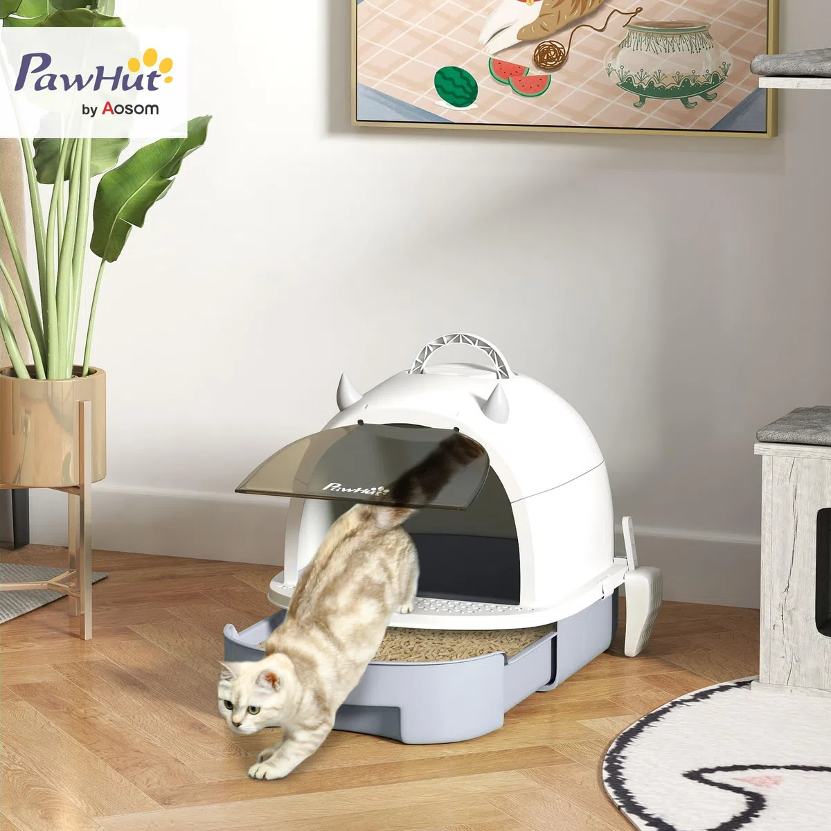 PawHut Maison de Toilette pour Chat, bac à litière fermé Chat, 2 Packs de filtres au Charbon poignée de Transport Porte translucide Nettoyage Facile Gris