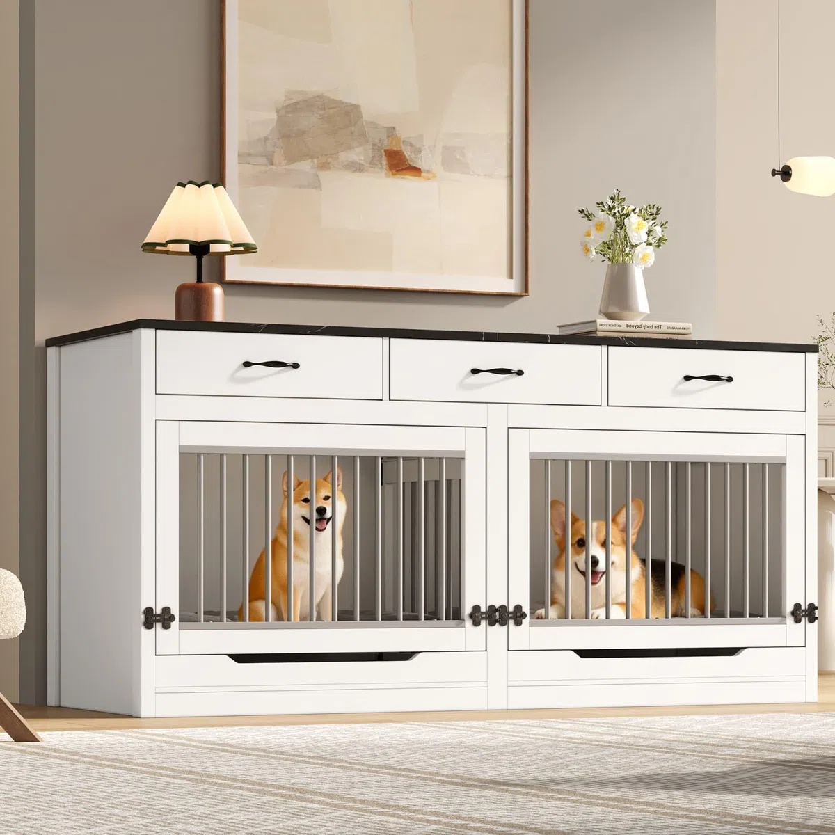 Cage pour Chien XXL 164×60×81cm,Niche/Cage Chien Interieur,Buffet avec Couvercle Supérieur à Rabat,étagère Amovible,3 Tiroirs,pour 2 Chiens (Noir Blanc)
