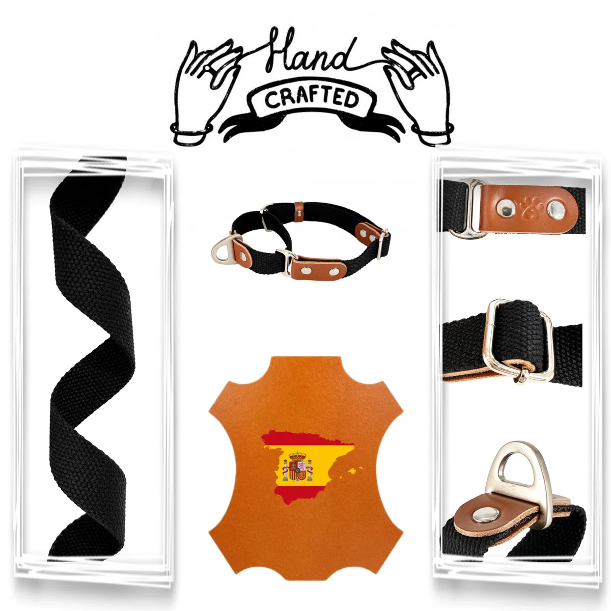 Collier pour Chien Martingale, Anti-Traction, en Poly-Coton et Cuir. M. Noir & Cognac