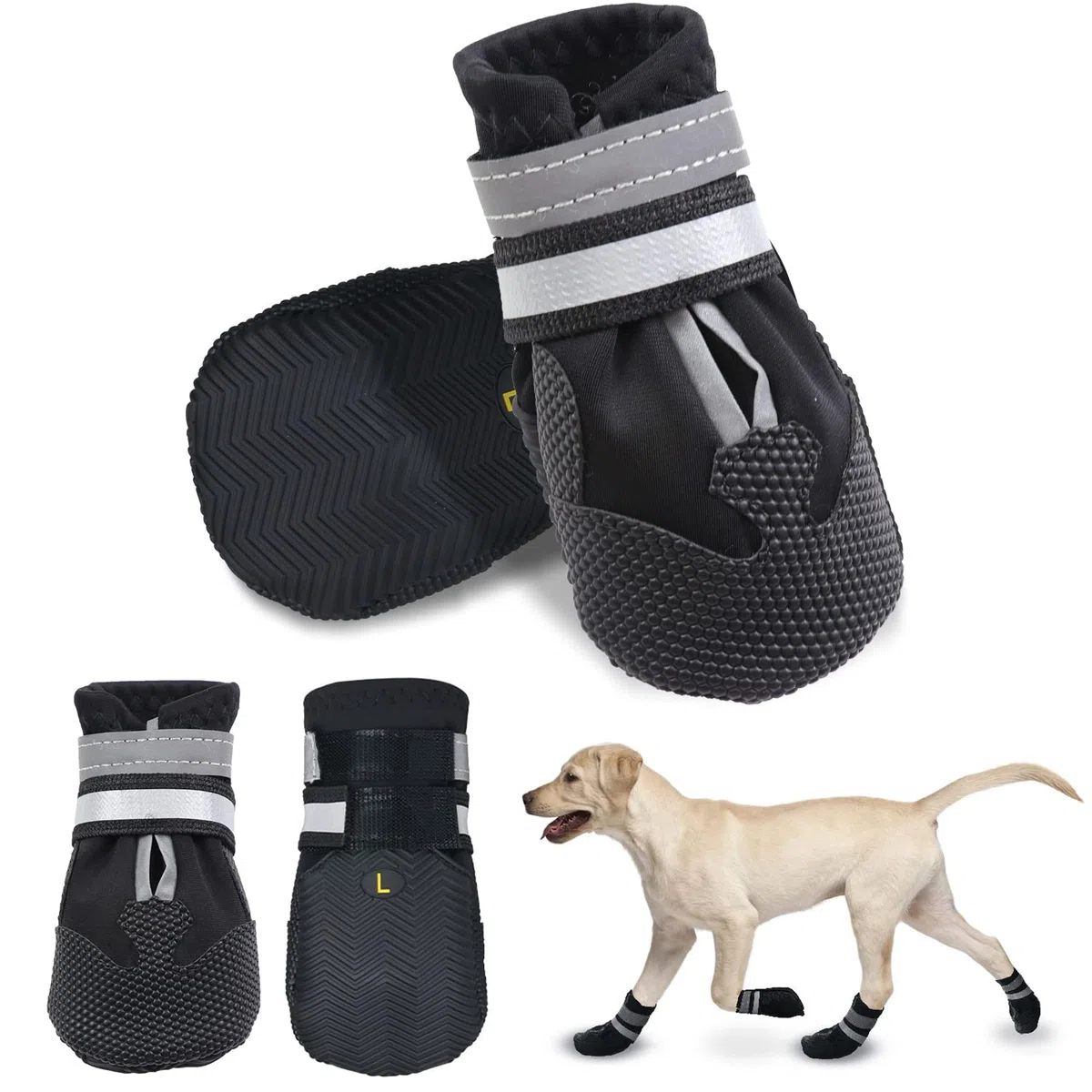 Bottes Chien, Ensemble de 4 Chaussures pour Chiens Antidérapant, Bottes de Protection pour Chien Imperméable pour Chiens de Taille Moyenne et Grande (L, Noir)