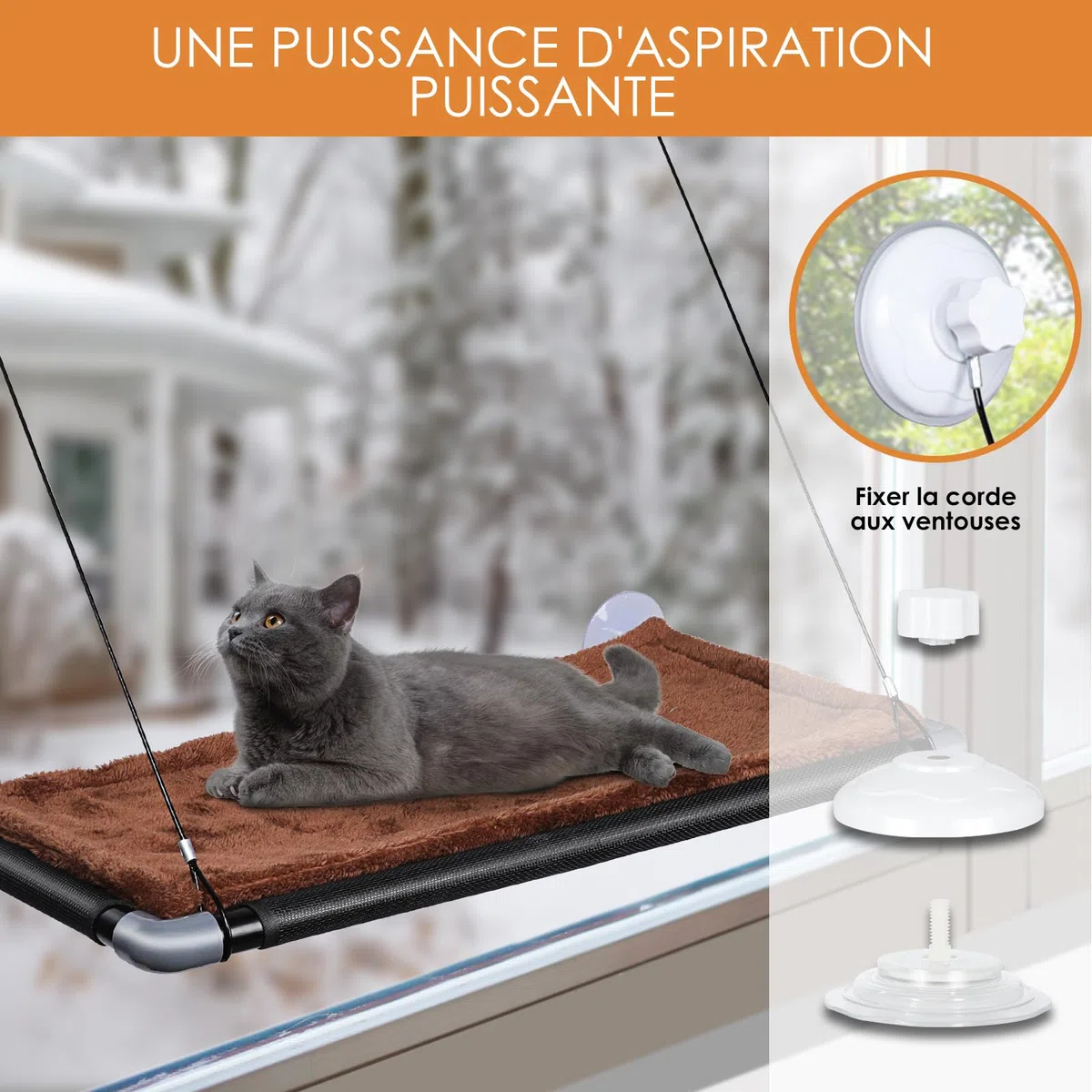 Zvonema Hamac Chat Fenetre jusqu'à 10kg, Hamac pour Chat avec Ventouse Puissante, Couverture Marron & Cadre en Acier Inoxydable, Facile à Installer Supporte,67 x 38 cm