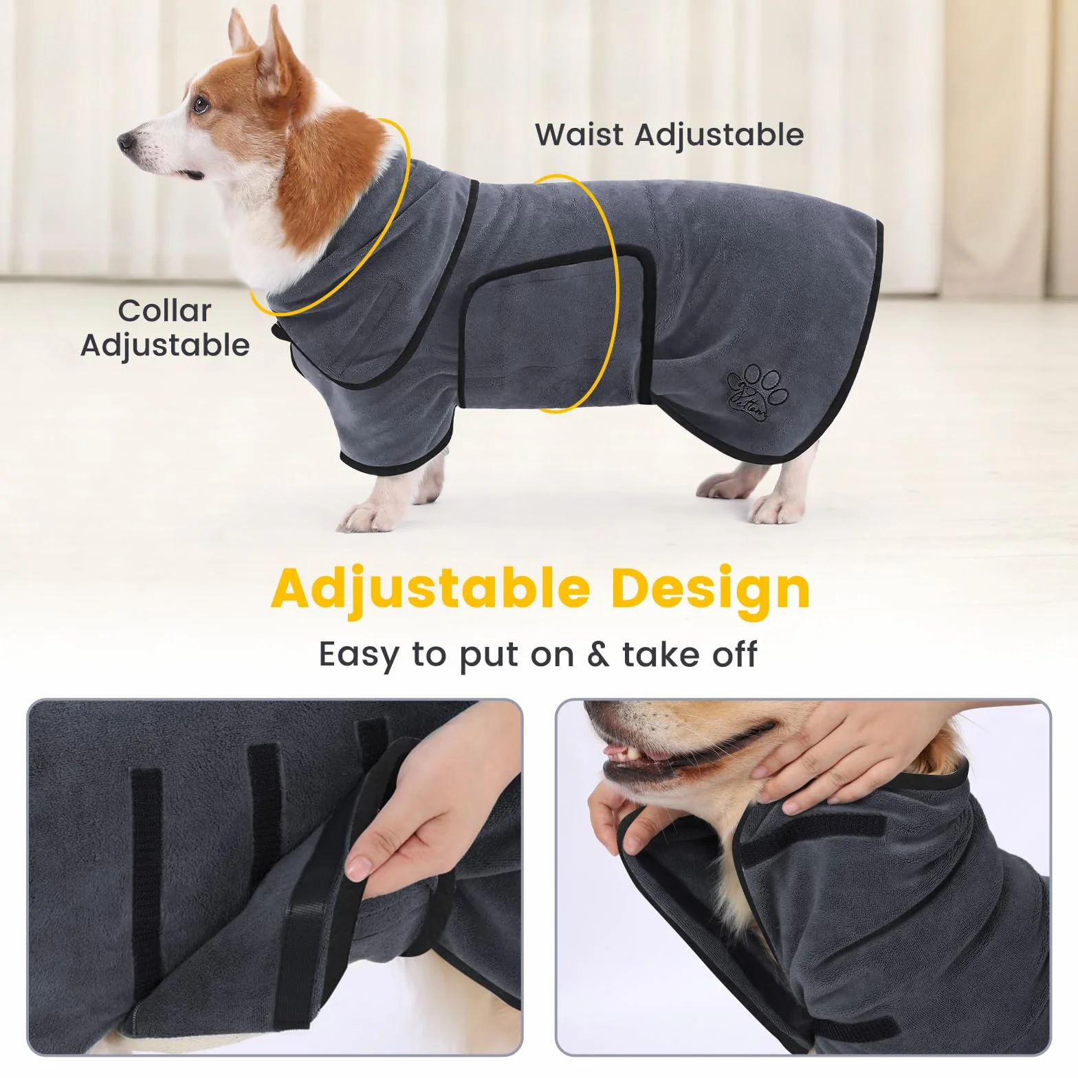 PETTOM Peignoir Chien Microfibre Super Absorbante Réglable, Serviette Bain Chiens avec Col Montant pour Séchage Rapide après Bain, Piscine, Plage et Pluie (Gris L)