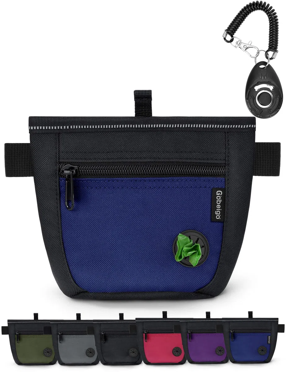 Gobeigo Pochette à friandises pour chien et clicker de dressage, deux fermetures magnétiques pour éviter les déversements, sac à friandises pour 2 tasses avec distributeur de sacs à déjections, clip