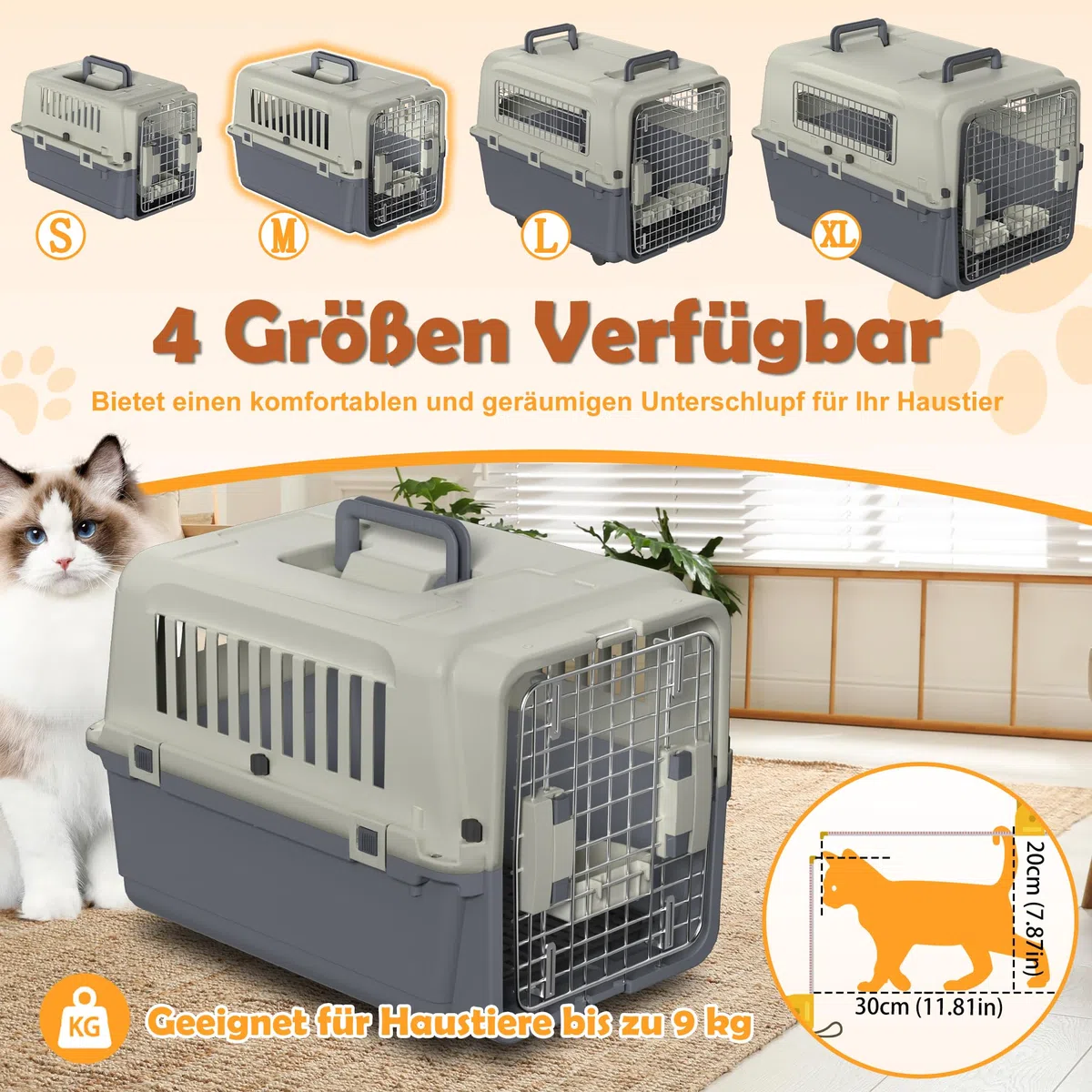 Boîte de transport en plastique pour chien et chat - 60 x 39,5 x 44 cm - Avec récipient de nourriture et séparateur d'urine - Boîte de transport pour animaux - Gris foncé