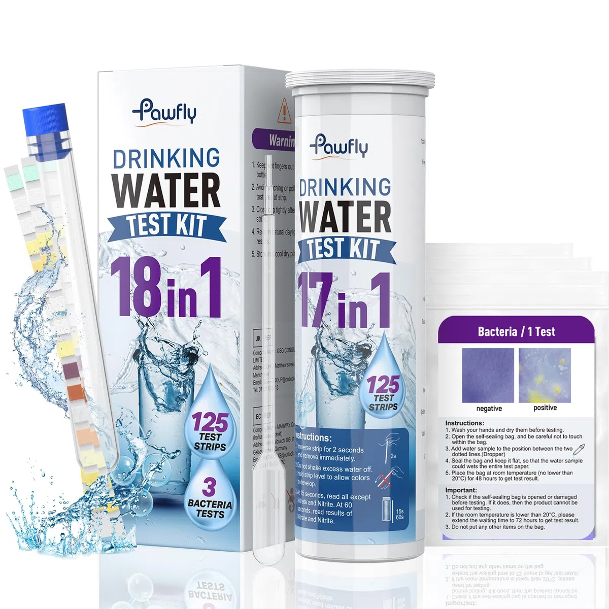Pawfly Kit de Test Eau Potable 18 en 1 pour Robinet puits Piscine Aquarium Spa Test qualité Eau Maison pH dureté Chlore Plomb Fer cuivre Nitrate fluorure et Plus 125 bandelettes