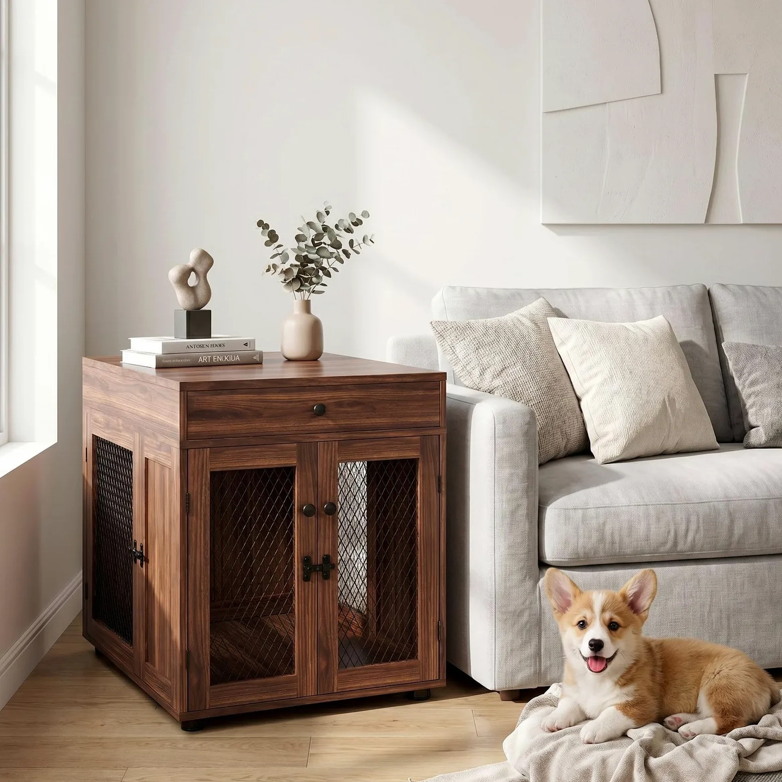 VOWNER Cage pour chien - Meuble d'intérieur - En bois - 3 portes - Avec tiroir - Niche moderne comme table d'appoint - 60 x 80 x 69 cm - Pour les chiens de petite/moyenne taille à la maison de moins