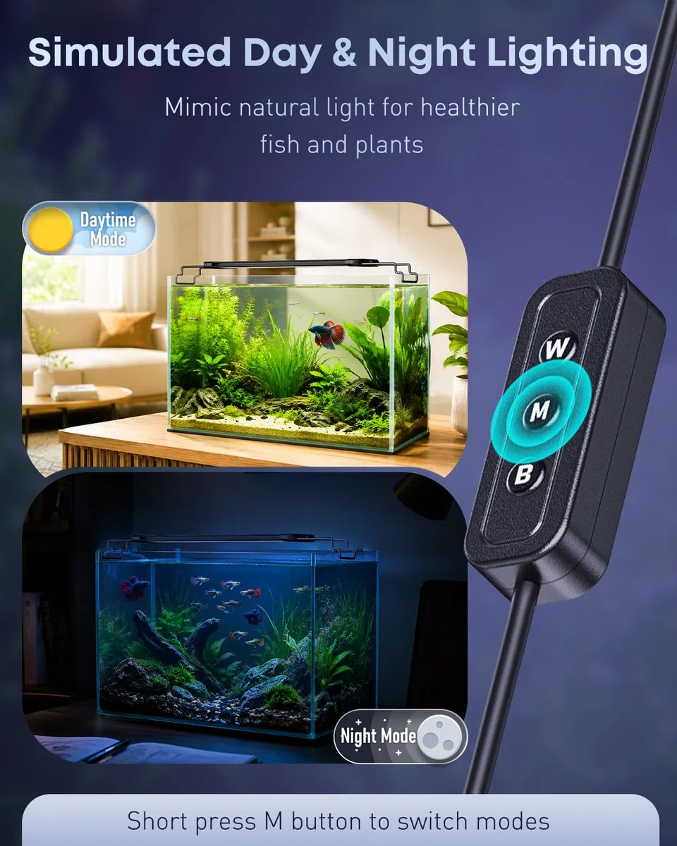 Pawfly Lampe d'aquarium pour plantes, 11 W lumière pour aquarium, spectre complet pour bacs de 30 à 45 cm, lampe LED extensible avec modes jour/nuit & luminosité réglable pour eau douce