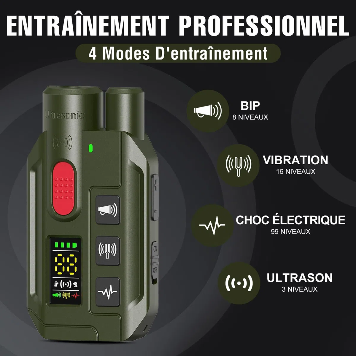 Collier de Dressage pour Chien 2 en 1 – Mode Ultrason Anti-Aboiement (Portée 5 m) & Télécommande 1000 m, Bip, Vibration & Choc Sécurisé, Étanche IP67 & Rechargeable, Vert