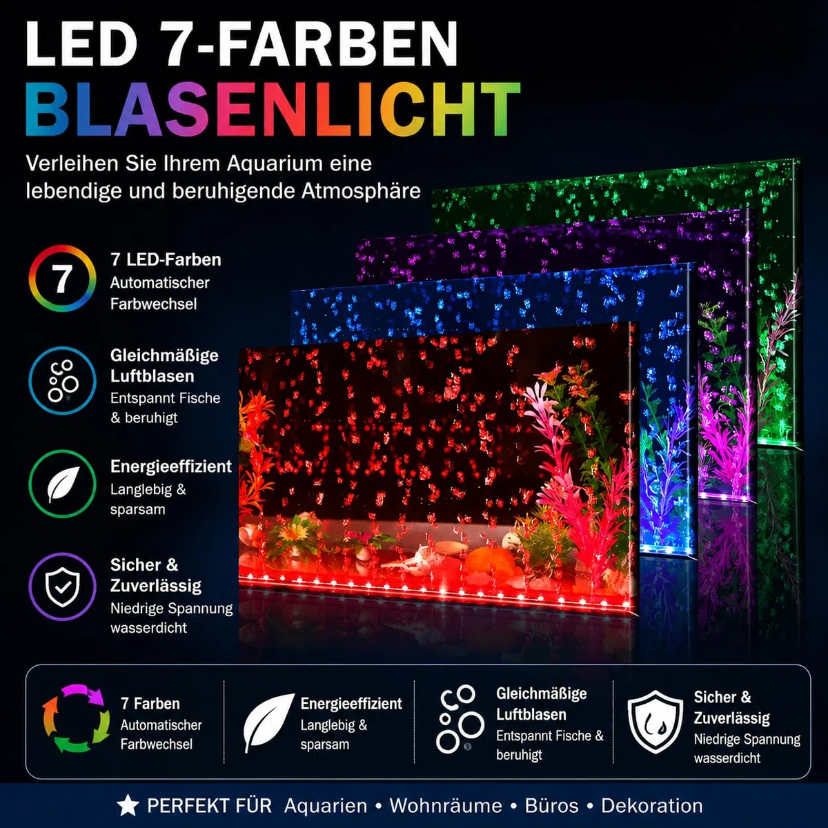 Pierre à bulles LED pour aquarium, diffuseur d'air RVB avec 7 couleurs changeantes, éclairage d'aquarium submersible et barre à bulles d'air pour eau douce et eau de mer