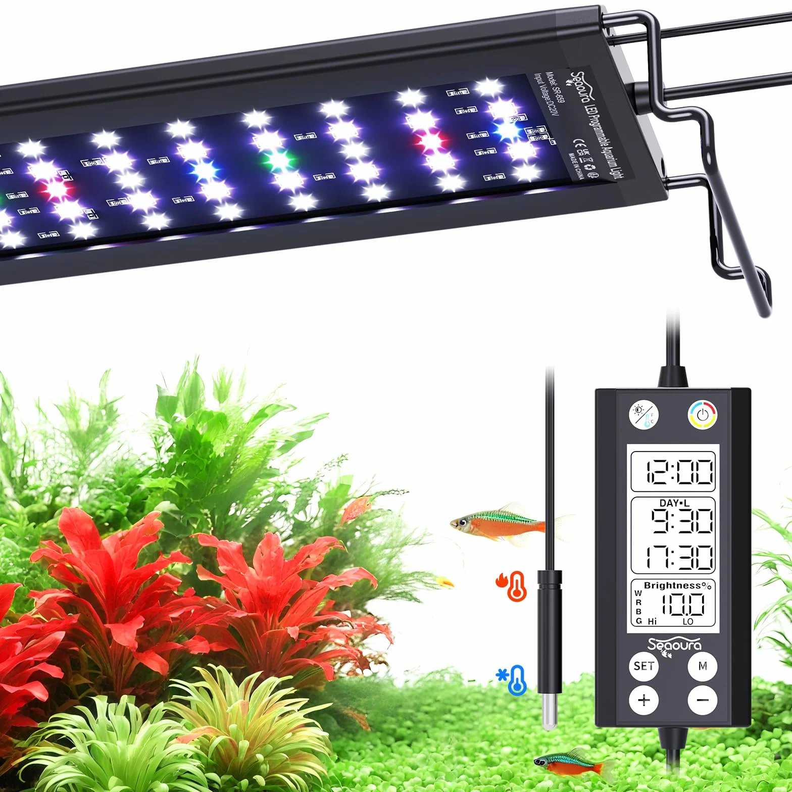 SEAOURA Lampe d'Aquarium avec Alarme Température, 90-106cm LED Spectre Complet Lumière, Programmable 24/7 Mémoire Extinction, WRGB Personnalisable, 20 Niv. Luminosité Réglable Aquarium d'Eau Douce