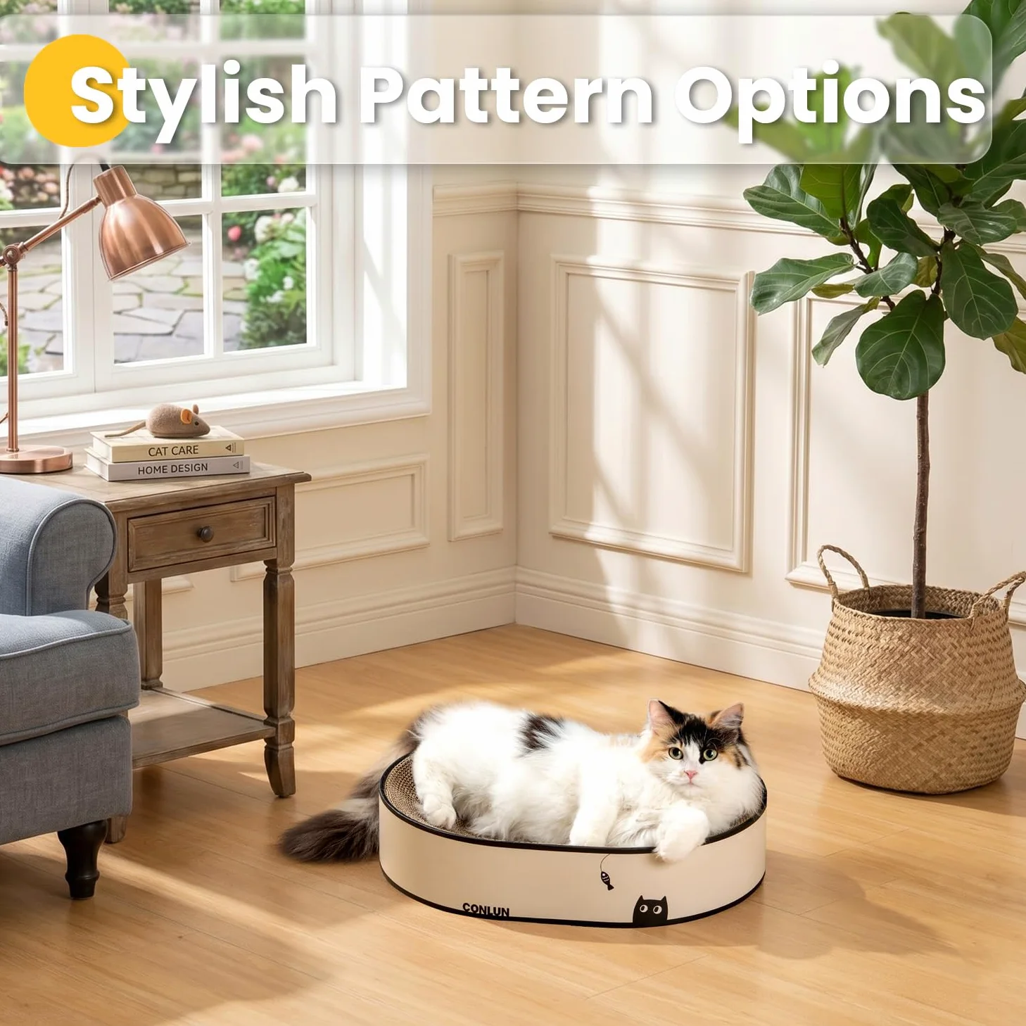 Conlun Griffoir Chat Carton Ovale & Lit 2-en-1 - Grattoir Incurvé Ergonomique pour Repos et Jeu - Carton Ondulé Haute Densité - Protection Canapé Design avec Herbe à Chat (43x33x10cm)