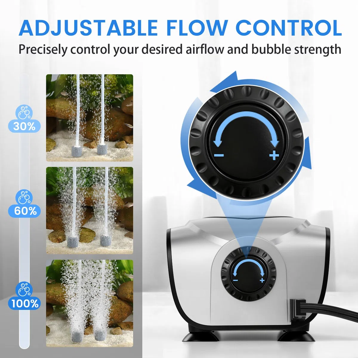 fishkeeper Pompe à air silencieuse pour aquarium 3 W/5 W, compacte et puissante à double sortie avec débit d'air réglable, kit de diffuseur d'air pour aquariums de 1 à 600 l (gris argenté, nouveau