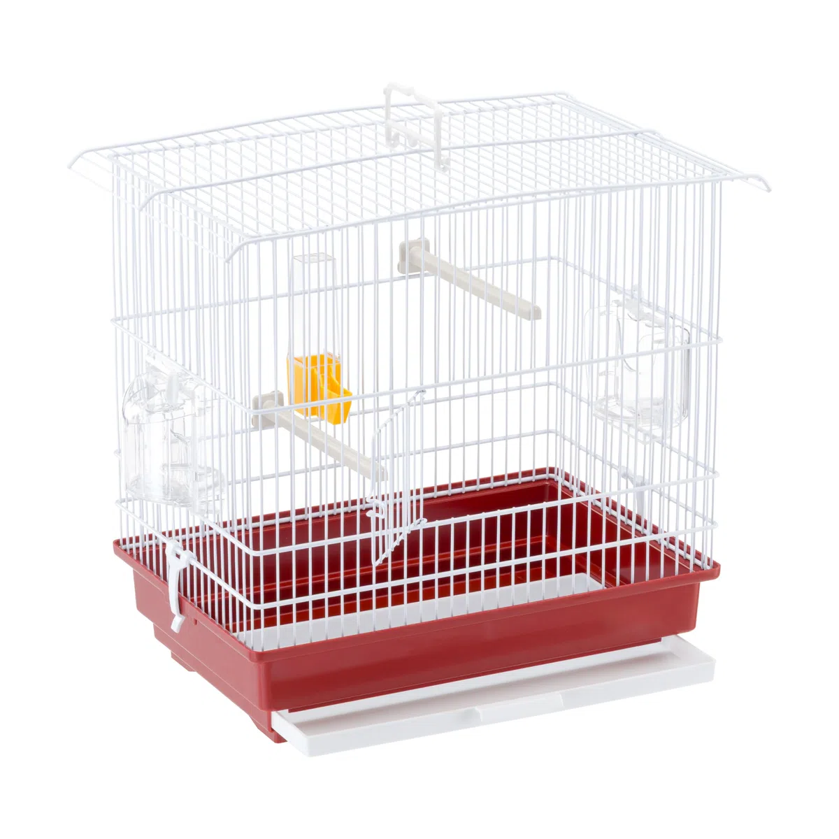 Ferplast Cage pour canaris et petits oiseaux exotiques GIUSY Cage rectangulaire pour oiseaux, équipée d'accessoires et mangeoires tournantes, métal robuste vernis Blanc et bac de cage en plastique Rouge, 39 x 26 x h 37 cm