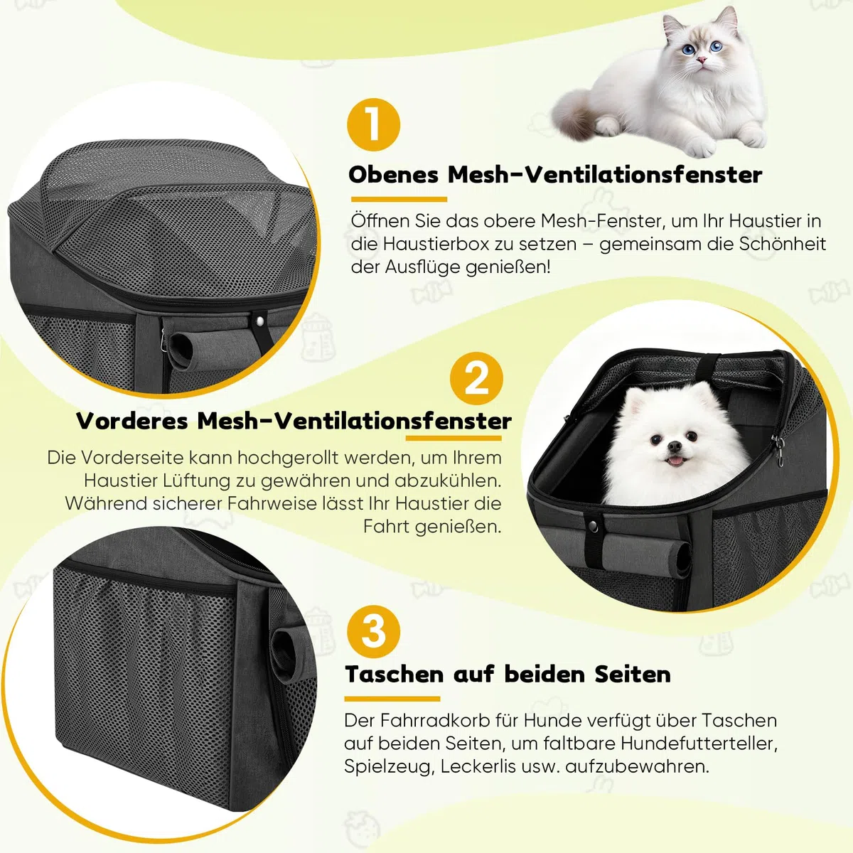 Panier de vélo 4 en 1 pour chien, panier avant de vélo pour chiens et chats, sac à dos amovible avec 4 fenêtres en maille et ceinture de sécurité, sac respirant pour animaux de compagnie pour vélo