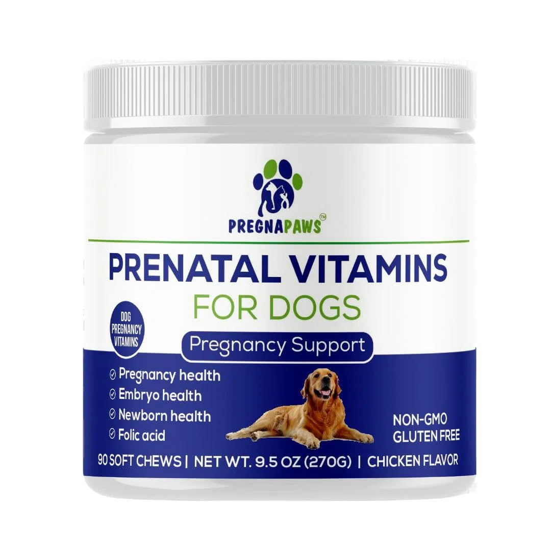 Complément Grossesse pour Chiens – Vitamines Prénatales Naturelles pour Mamans et Chiots en Bonne Santé – Acide Folique, Fer, Calcium – 90 Comprimés à Croquer au Goût Poulet