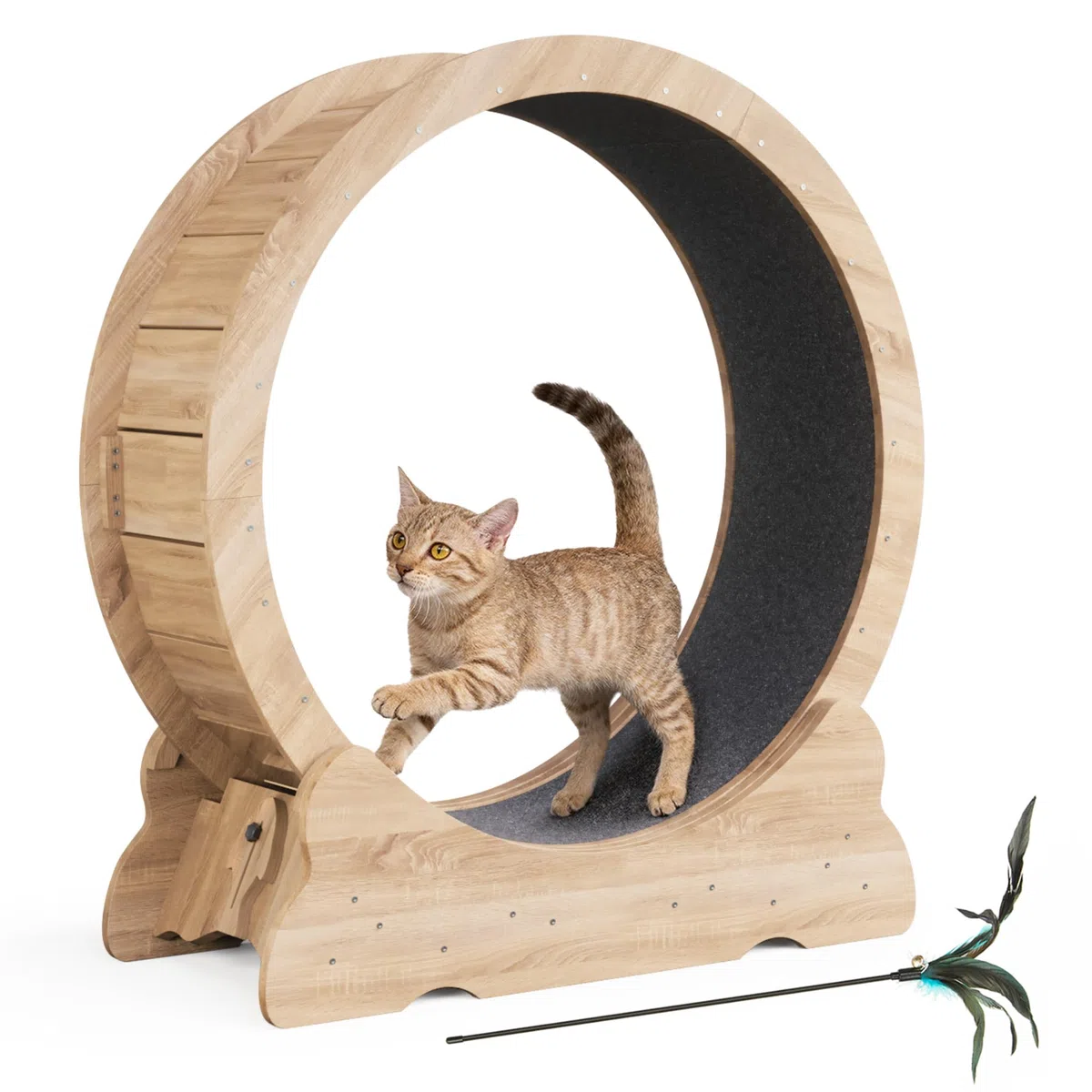 Mondeer Roue pour Chat d'intérieur avec Piste Moquette, Tapis de Course XL de 90 cm avec Tapis Amovible et Jouet pour Chat, pour Course à Pied, Marche, entraînement (Bois Naturel)