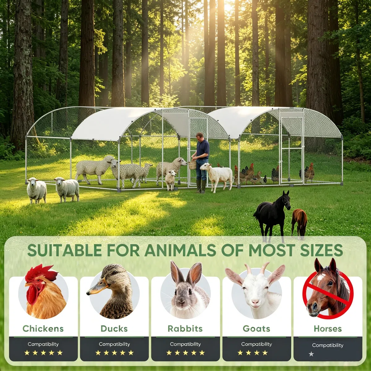 Poulailler avec aire de jeux 3x2m - Cages en métal pour petits animaux avec serrure de sécurité - Couverture imperméable pour sortie de poules - Parc pour poules résistant à l'hiver