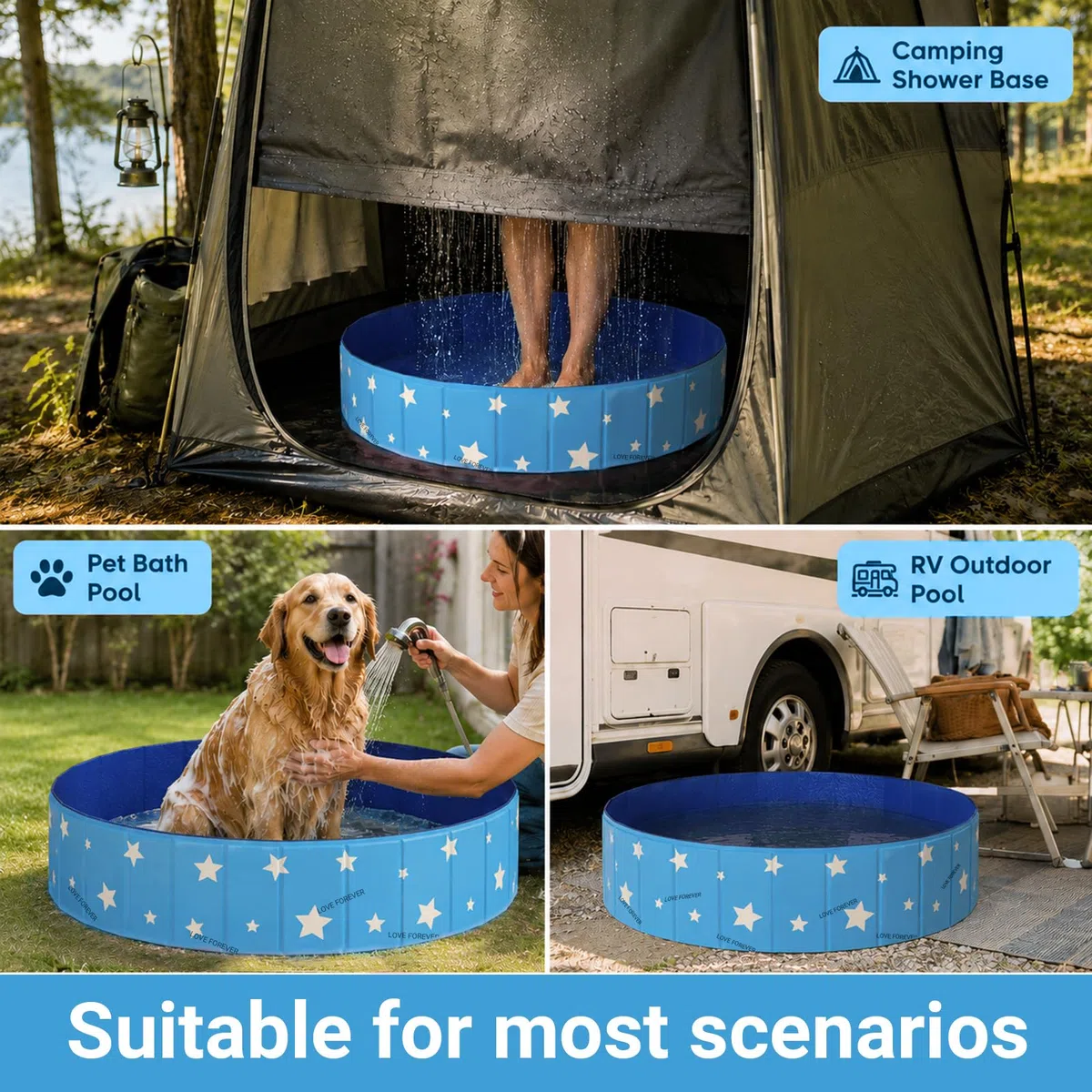 ZoneYan Piscine Pliable Chien 80 * 30 cm, Piscine pour Chien en PVC, Baignoire pour Chien Antidérapante avec Double Vidange, Piscine pour Chien Piscine Portable pour Petits et Moyens Chiens (Bleu)