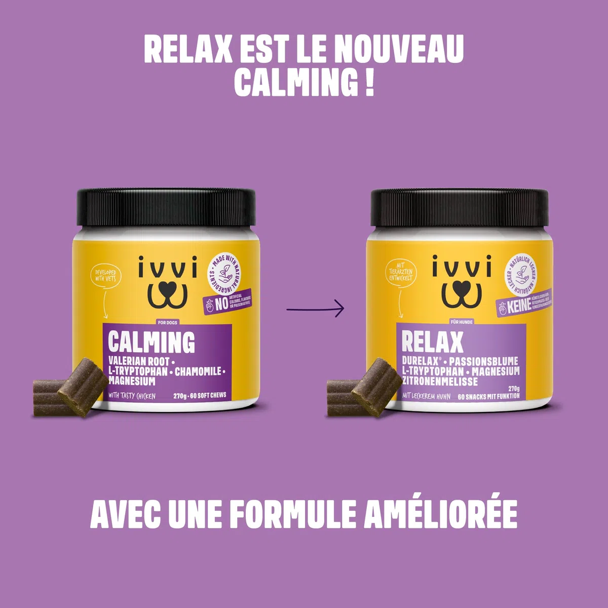 ivvi Relax Calmant pour Chiens - Formule avec L-Tryptophane en Cas d'Anxiété, de Stress et pour se Calmer - 60 Délicieuses Friandises au Poulet