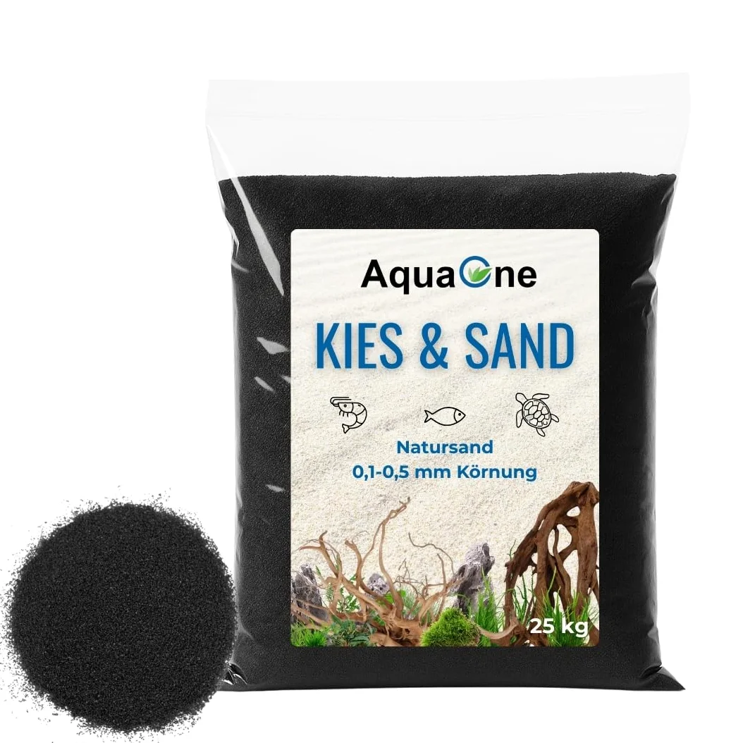 AquaOne Sable d'aquarium - 25 kg - Noir - 0,1-0,5 mm - Qualité supérieure - Sable de quartz à grain fin - Gravier décoratif d'aquarium