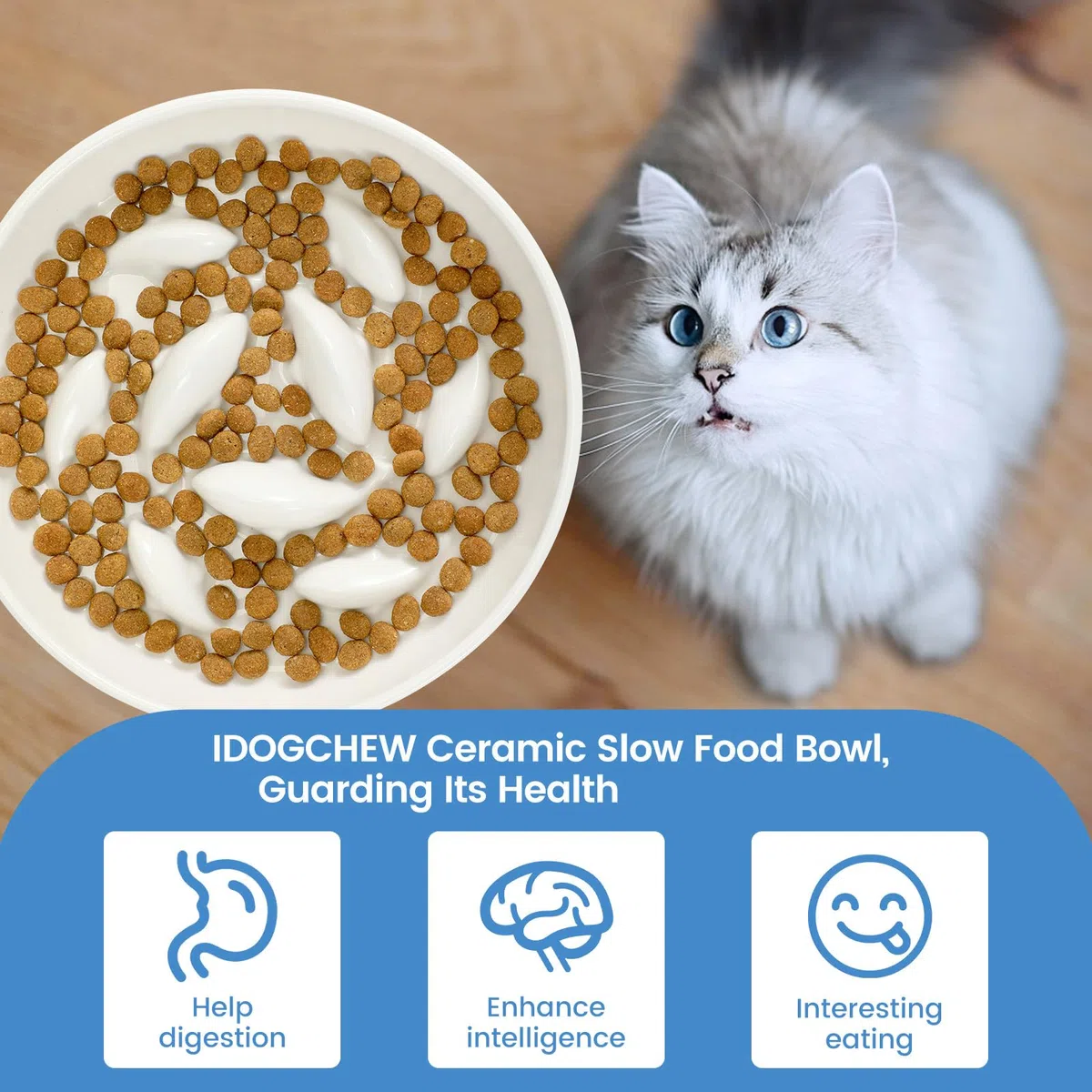 Gamelle Anti Glouton Chat Céramique Surélevée, Bol Assiette Hauteur pour Chats Gourmands avec Support Bambou, Anti Vomissement, Rond, Beige