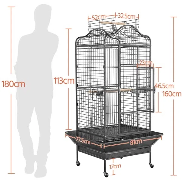 Abician Grande Cage Oiseaux pour Perroquet Grande Cage à Oiseaux exquise avec Toit Ouvrable 81 x 77 x 154 cm Noir