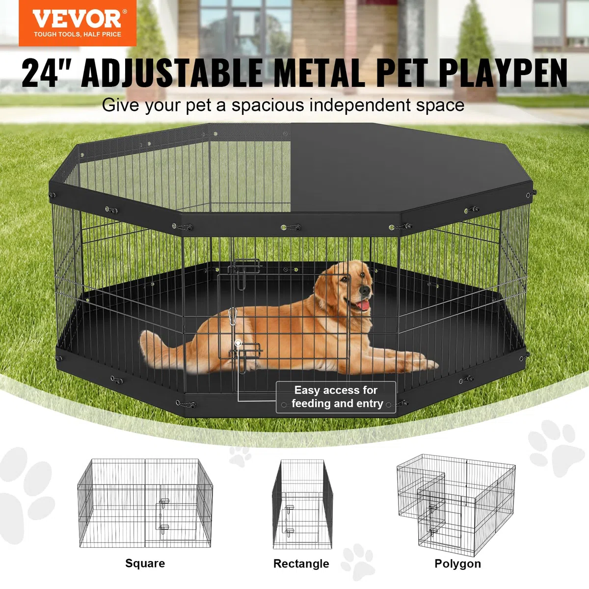 VEVOR Parc pour Chien 61 cm Enclos Lapin Chat Chiot avec Couverture Supérieure et Tapis Clôture pour Petits et Moyens Animaux de Compagnie 8 Panneaux Pliants en Métal pour Extérieur Intérieur Camping