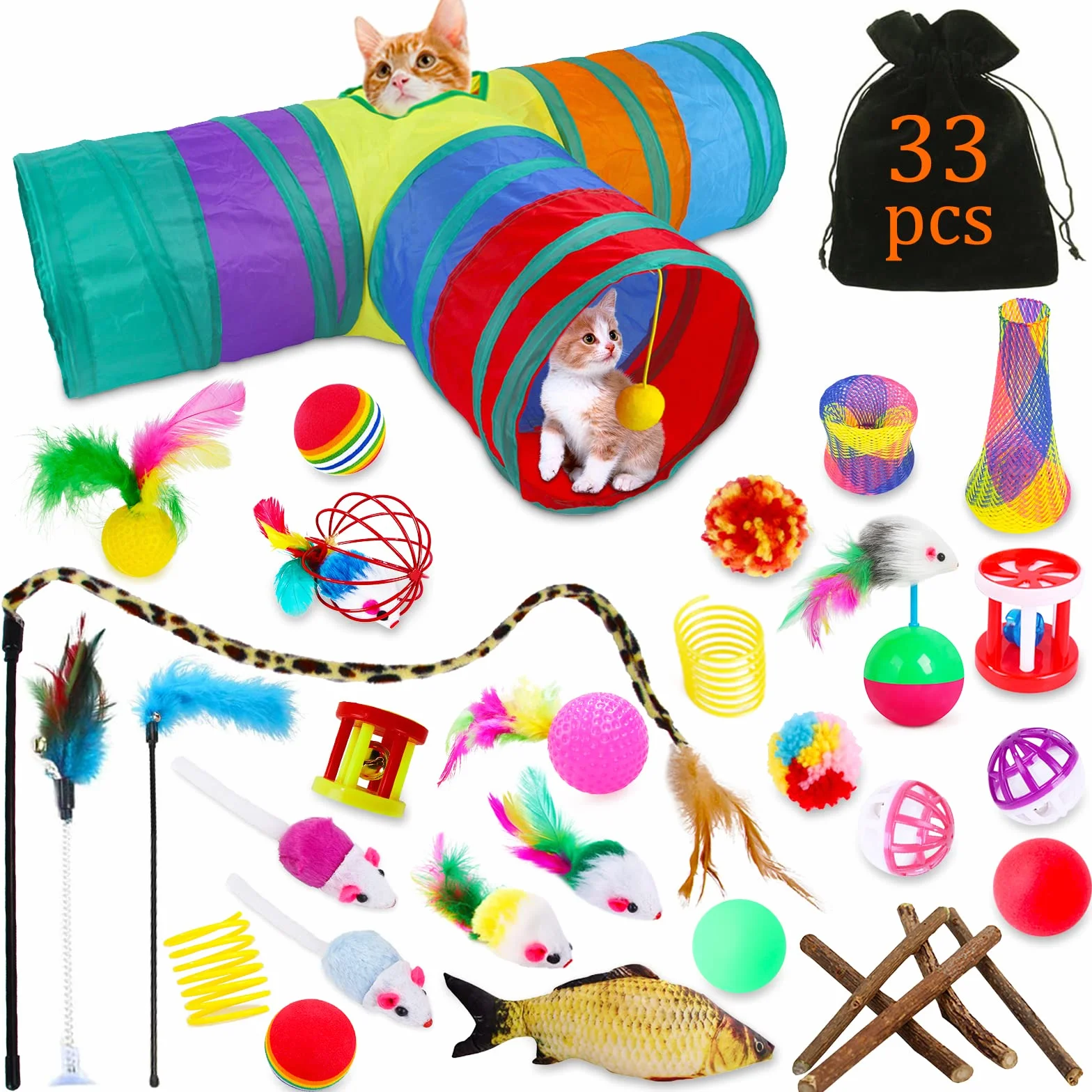 Jouets Chat,33pcs Jouet pour Chat,Jouets pour Chats Interactif Jeux Chaton avec Tunnel,Poisson,Souris,Plume,Balle Jeux Chaton,Kit de Jouets Interactifs pour Chats