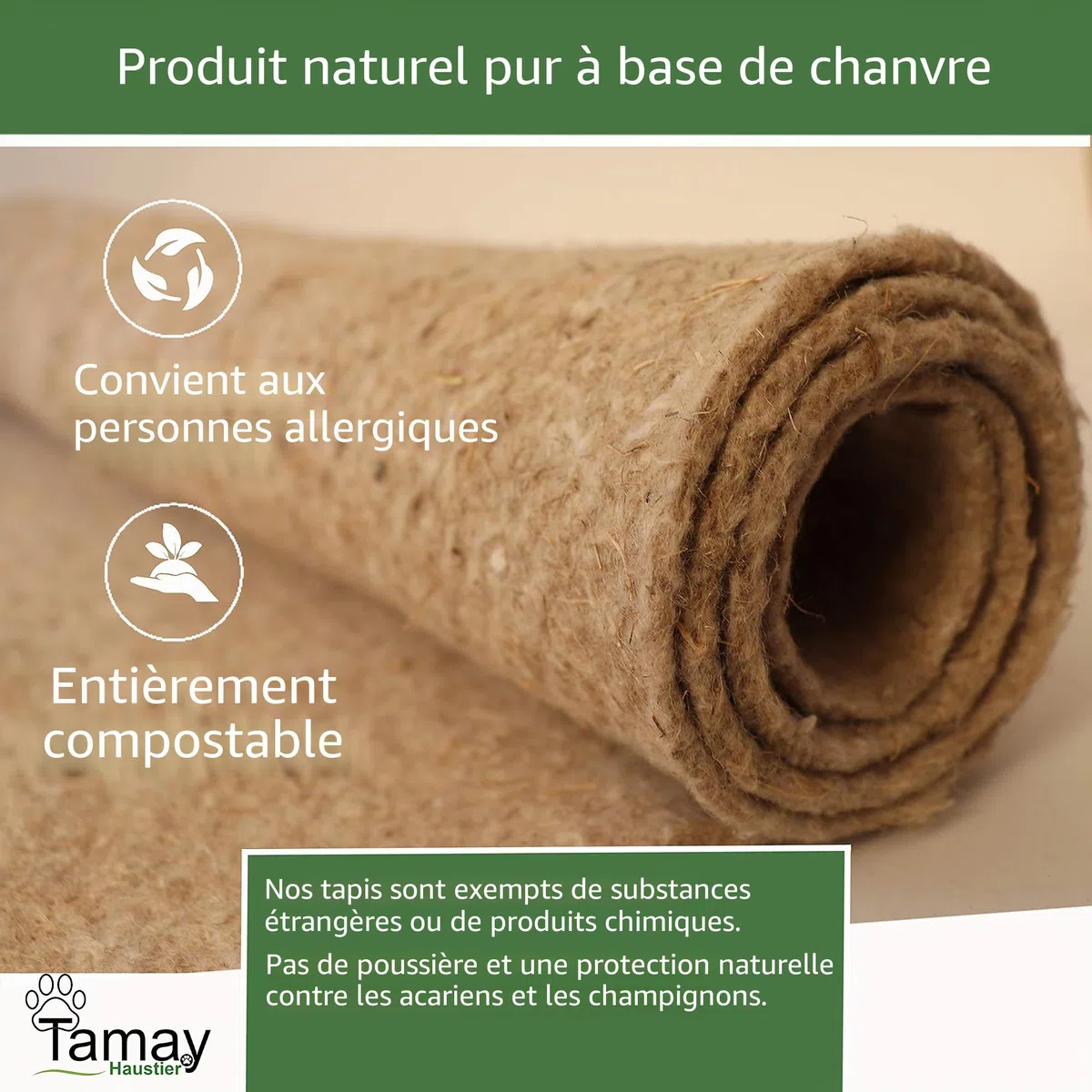 Tamay Tapis pour rongeurs en 100% chanvre, 100 x 50 cm | Tapis de cage premium sans poussière pour lapins, cochons d'Inde, petits animaux – Tapis naturel en chanvre pour rongeurs (lot de 2)