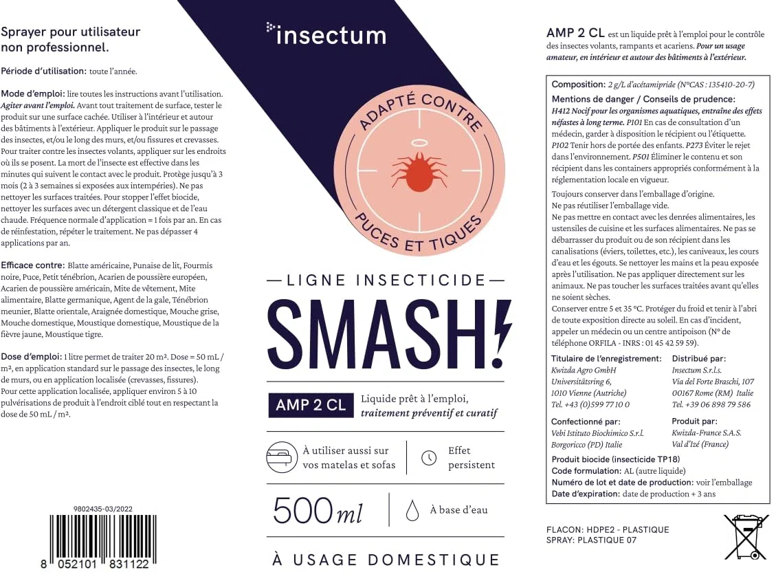 SMASH Spray Anti-Puces et Anti-Tiques pour Environnements et Tissus - Pour Utilisation à Domicile et en Extérieur - 1x500ml - Insecticide Sans Perméthrine
