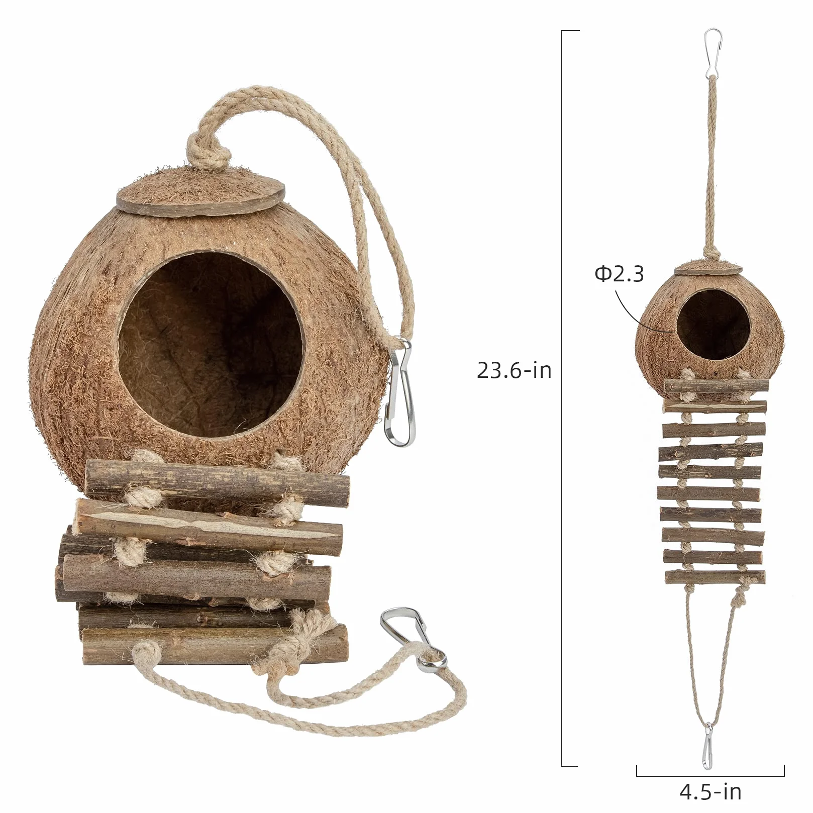 Niteangel® Nid d'oiseau naturel Coconut Hideaway avec échelle, jouet pour oiseaux et petits animaux