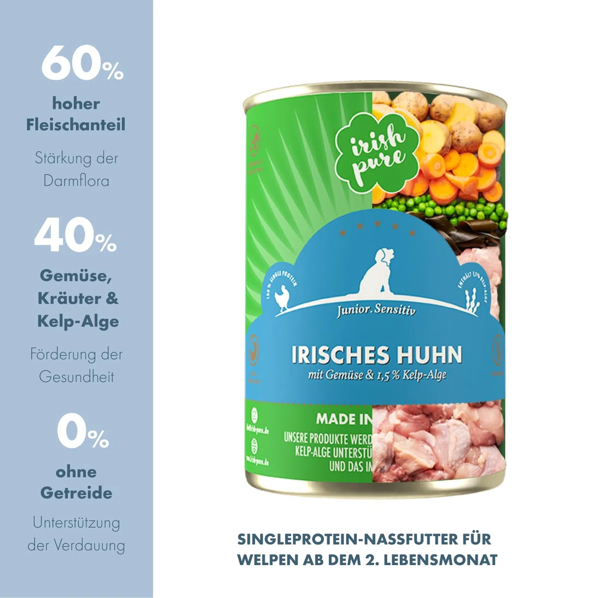 Irish Pure Premium Junior Nourriture Humide pour Chiens | 6 x 390 g | Poulet Irlandais | Vitamines | sans céréales | Sensitive | avec Superfood Kelp Algue | Nourriture Humide pour Toutes Les Races