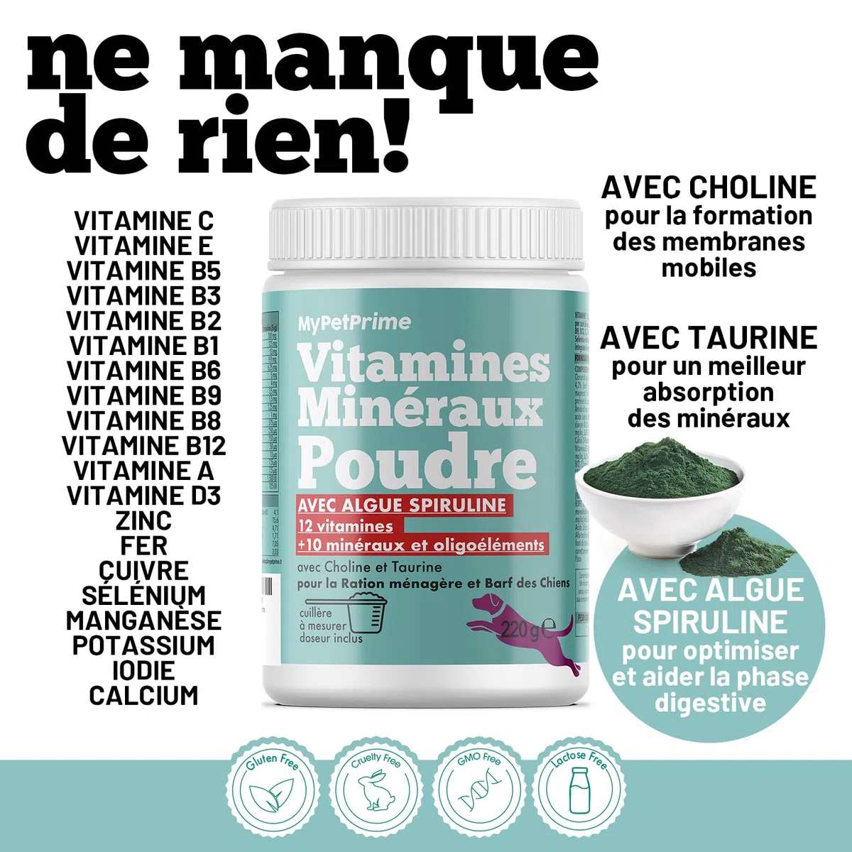 Multivitamines pour Chiens | Équilibre la Diète Maison et Barf | 12 Vitamines + 10 minéraux | avec Algue Spiruline | en Poudre | 220g
