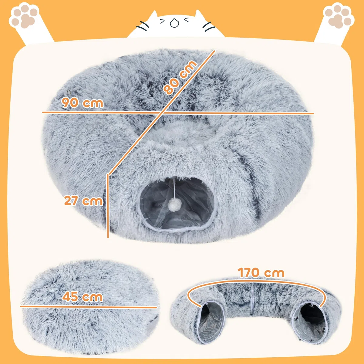 PawHut Tunnel pour Chat Intérieur 2 en 1 avec Lit de Chat en Tissu Suède Doux, Tunnel Chat Rond Pliable en Forme de Donut avec Coussin Circulaire Lavable, Jouet Balle et Trou d'Entrée, Gris Clair