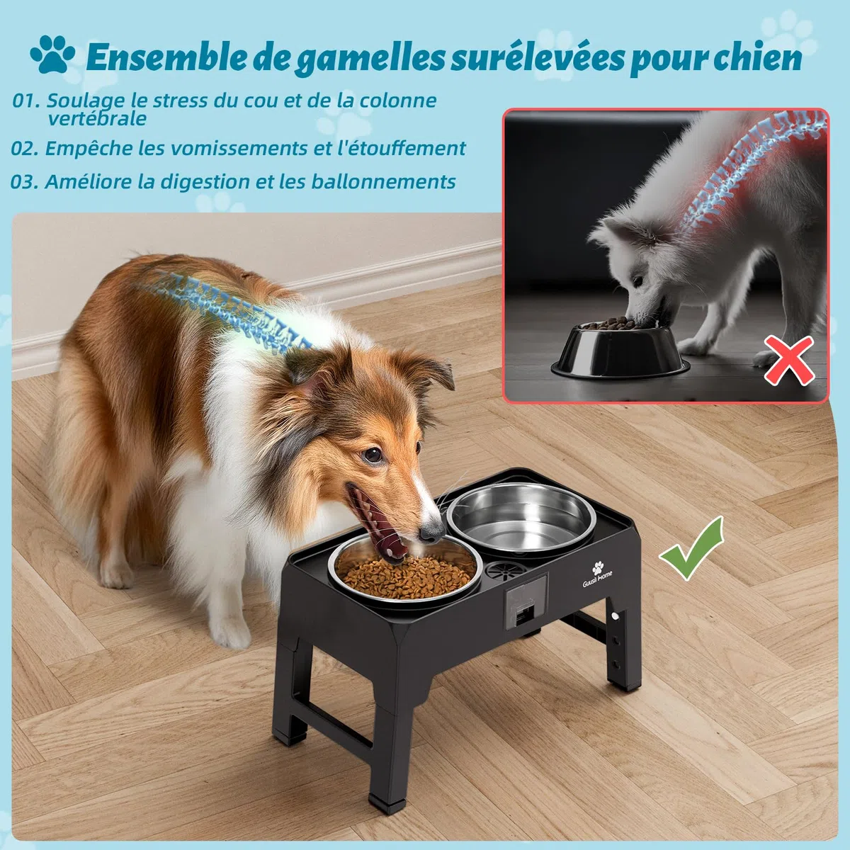 GUUSII HOME Gamelle Surélevée pour Grand Chien - Porte Bol Haute INOX - Bar à Gros Chien Moyen Chiot - Hauteur Réglable 43.5 * 24.4 * 12/25.7/29.7/33.7cm 2000ml