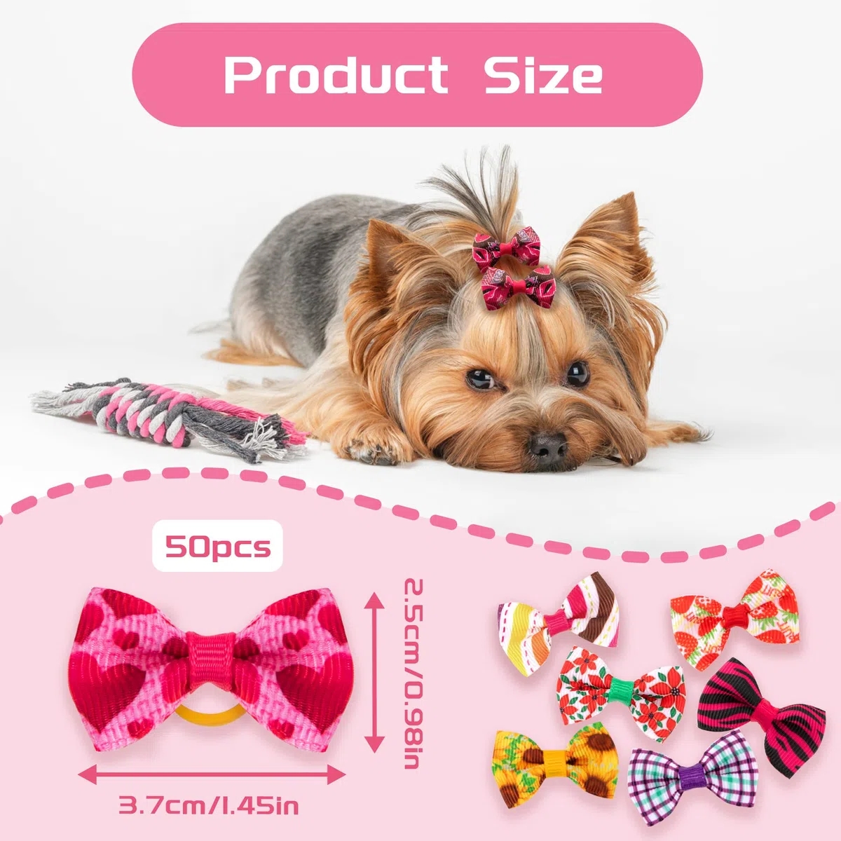 Accessoires pour Cheveux de Chien Arc Coiffe 50 Pièces épingle à Cheveux Animaux Cheveux de Chien Arcs Accessoires avec des Bandes de Caoutchouc pour Petits Chiens, Chats, Couleurs au Hasard