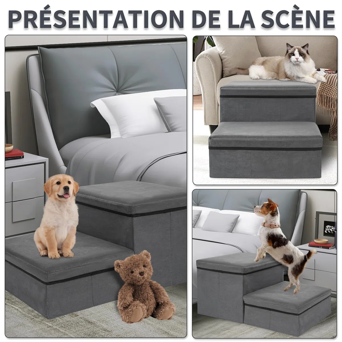 OUUTMEE Escalier pour Chien, Escalier pour Animaux avec Rangement Intégré, Escalier Chien Pliable Antidérapante pour Chiots, Chats Petits/Moyens et Animaux Agés, Lit et Sofa (Gris) (2 Marches)