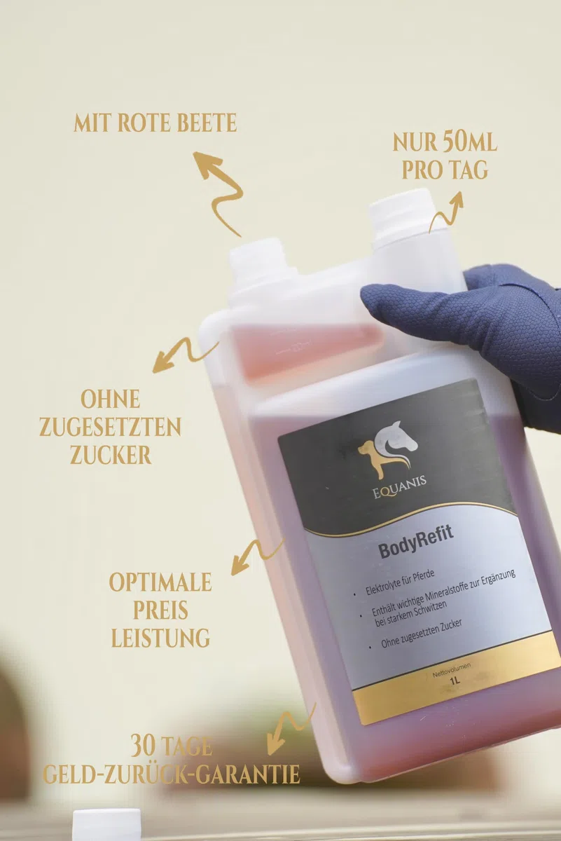 Equanis BodyRefit - Électrolytes pour chevaux en composition premium, peut prévenir les carences en électrolytes après une forte transpiration. Avec betteraves rouges au lieu de sucres ajoutés