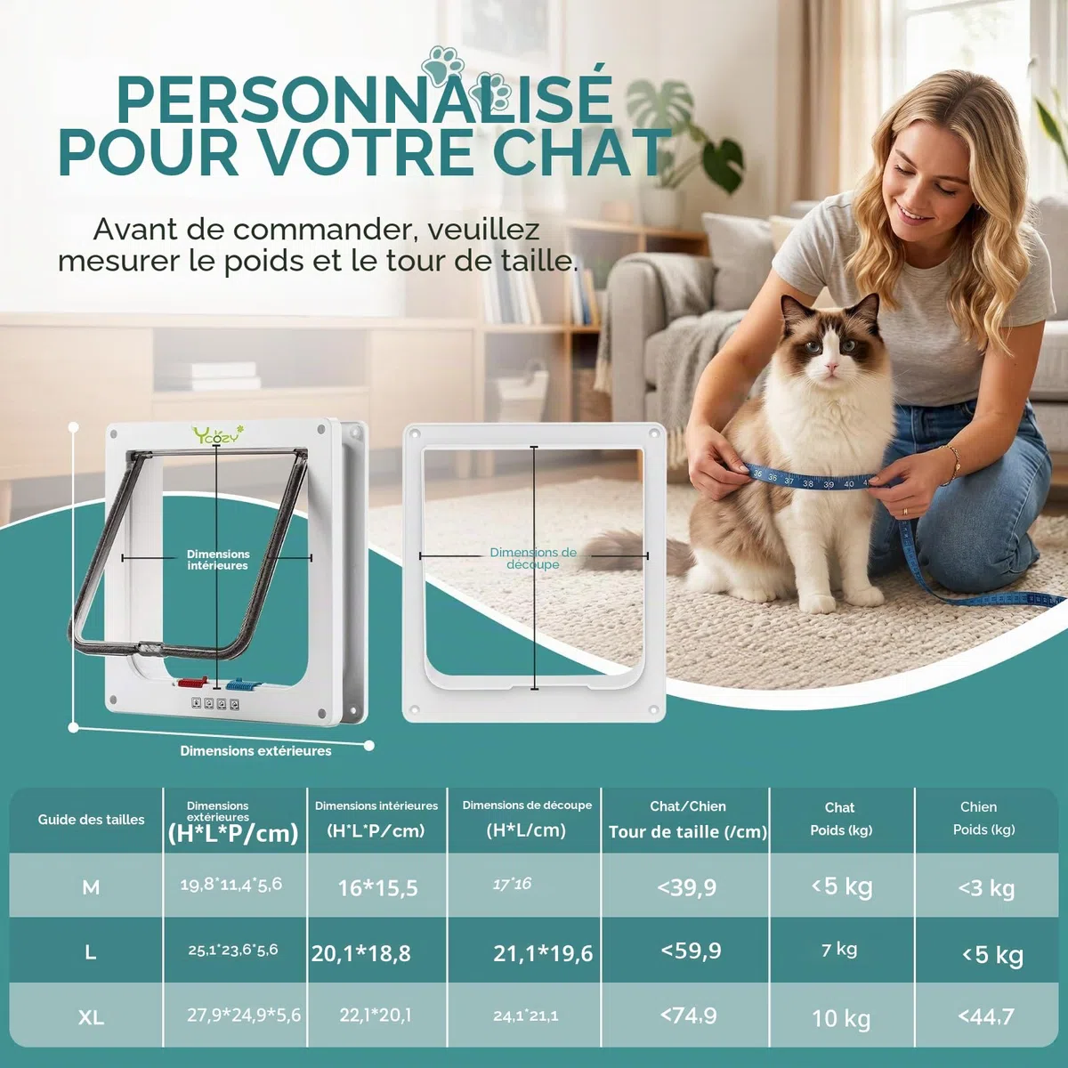 Ycozy XL Chatiere pour Chat Taille Extérieure 27.8 x 25cm Porte Intérieure de Verrouillage à 4 Voies pour Intérieur Porte Extérieure Fenêtre Murale, Rabat de Chat Résistant aux Intempéries Animal