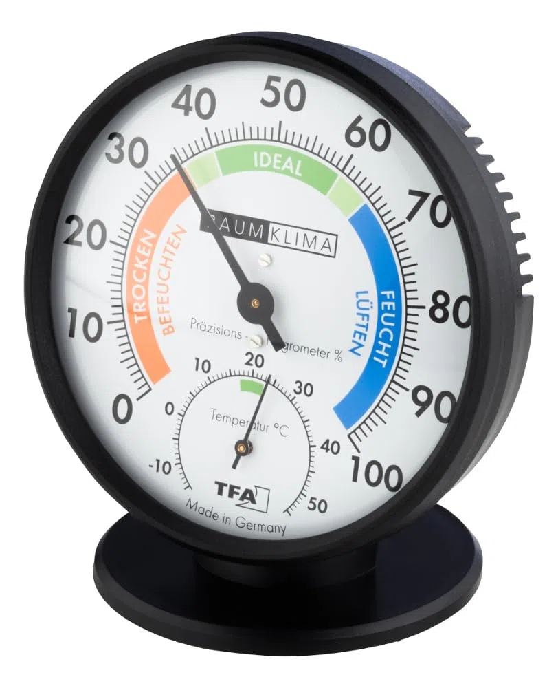 TFA Dostmann 45.2033 Thermomètre hygromètre de précision, analogique, avec zones de confort, contrôle de la température et de l'humidité, 102 x 35 (80) x 114 mm, noir