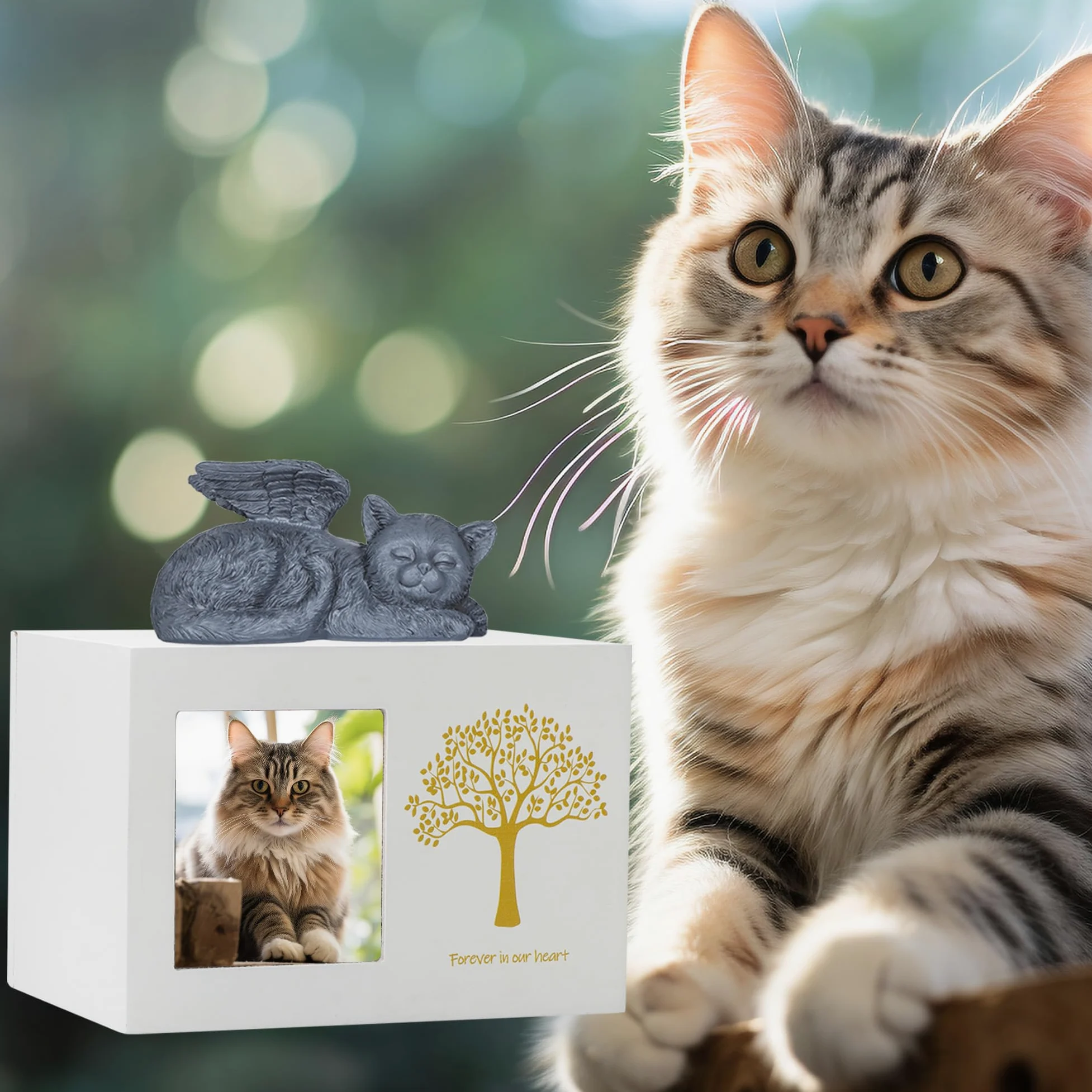 Boîte de crémation pour animaux de compagnie - Urne blanche en bois - Avec statue d'ange de chat en résine et sac