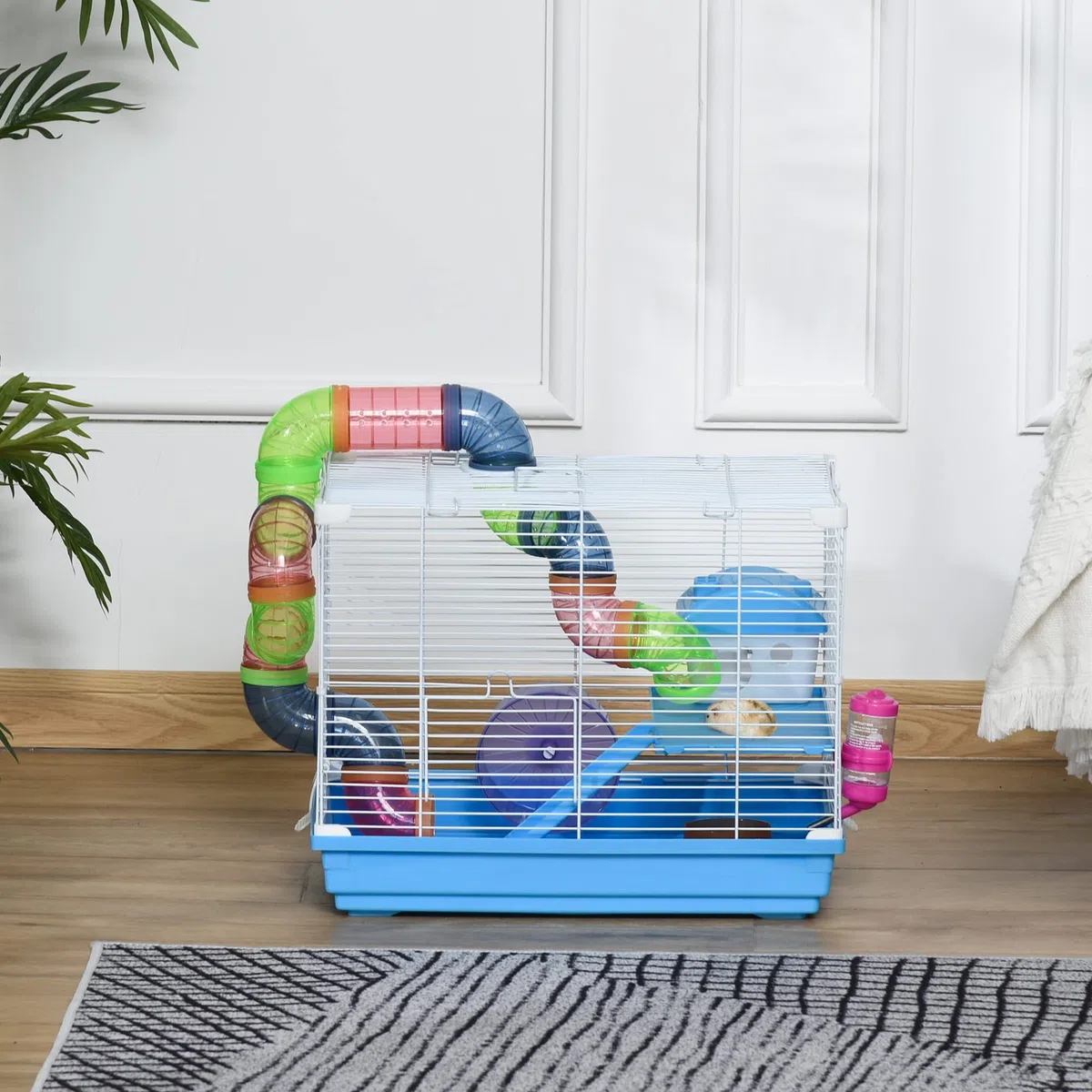 PawHut Cage pour Rongeur Hamster 2 Niveaux avec Tunnel, Bouteille d'eau, Roues, Maison, échelle dim. 46L x 30l x 37H cm