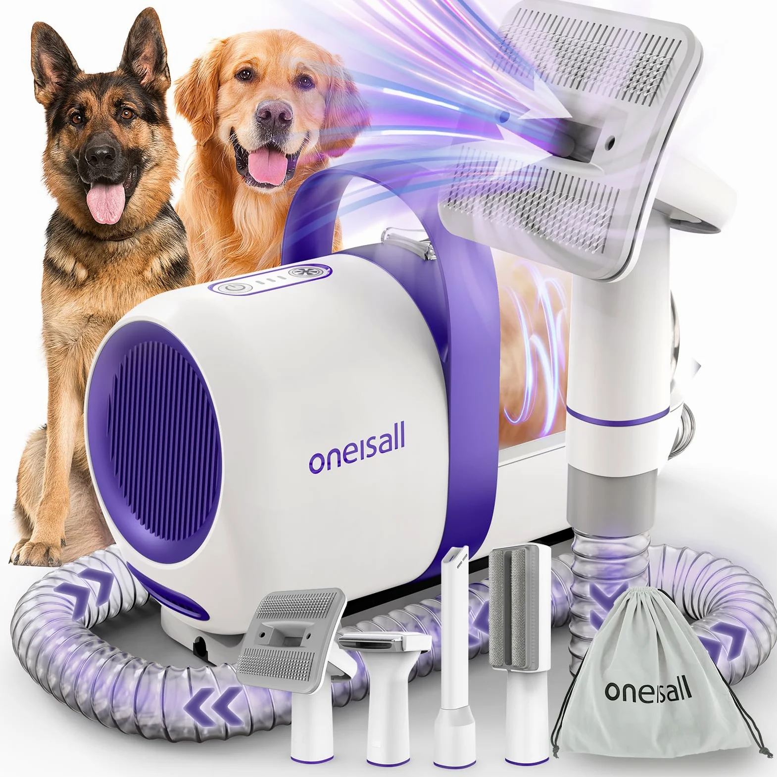oneisall Aspirateur pour chiens avec brosse,Puissance d'aspiration élevée Brosse pour chiens aspirateur avec 12000 Pa,Aspire 99.99% des poils d'animaux (1,5L) avec 4 accessoires d'entretien(Pourpre)