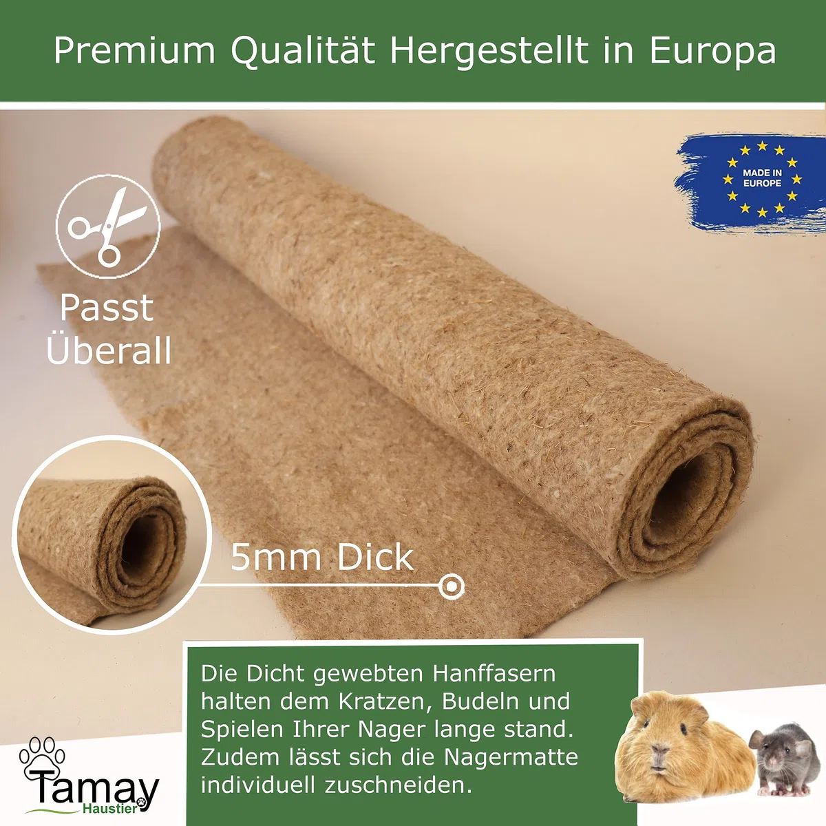 Tamay Tapis pour rongeurs en 100% chanvre, 100 x 50 cm | Tapis de cage premium sans poussière pour lapins, cochons d'Inde, petits animaux – Tapis naturel en chanvre pour rongeurs (lot de 2)