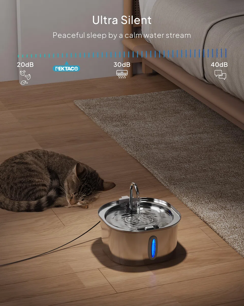 Fontaine à Eau pour Chats PEKTACO en Acier Inoxydable pour Intérieur - Fontaine à Eau Automatique 3,2L avec Fenêtre de Niveau d'eau, Silencieuse, Distributeur d'eau pour Chien